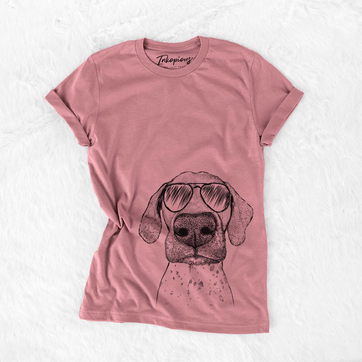Hand-drawn sketch of Leroy the German Shorthaired Pointer wearing aviator sunglasses on a Mauve Unisex crewneck