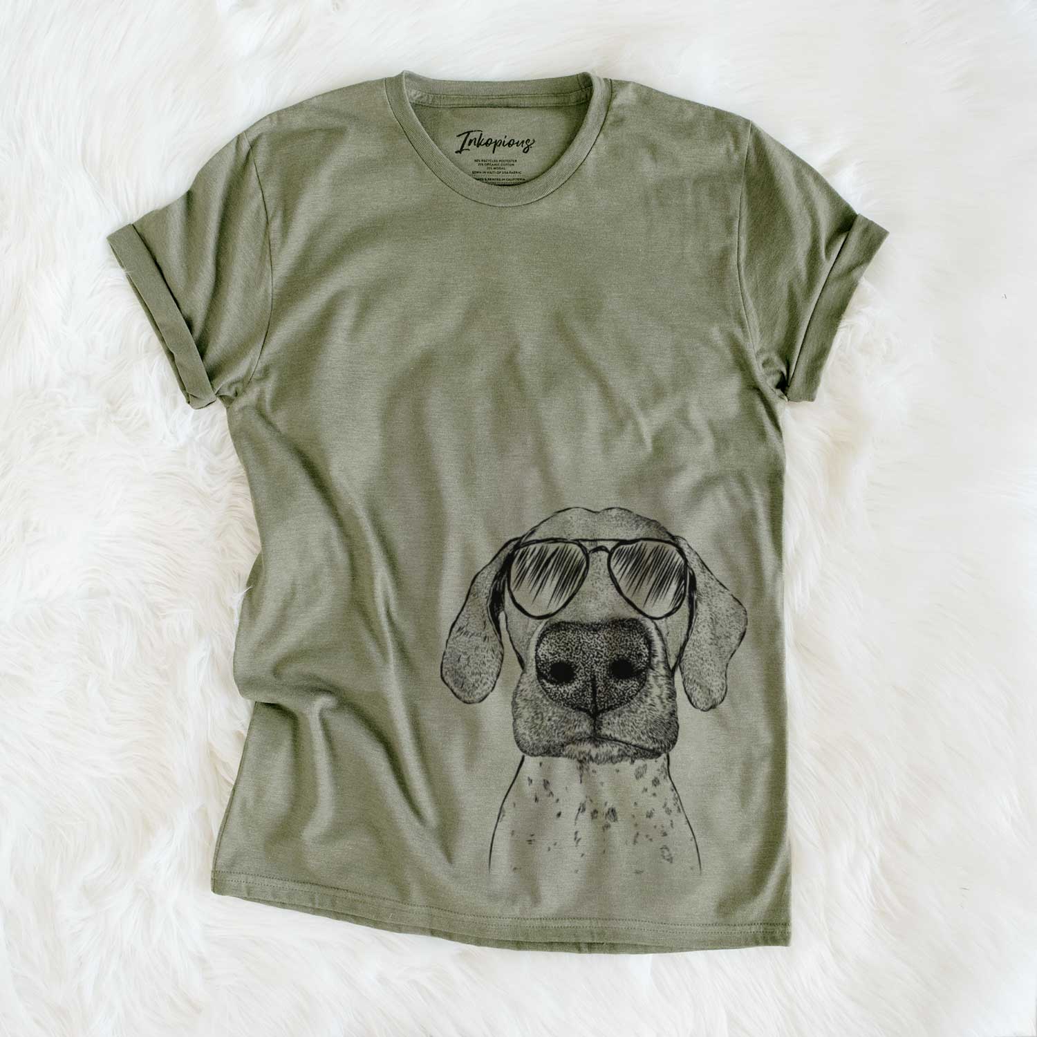 Hand-drawn sketch of Leroy the German Shorthaired Pointer wearing aviator sunglasses on an Olive Unisex crewneck
