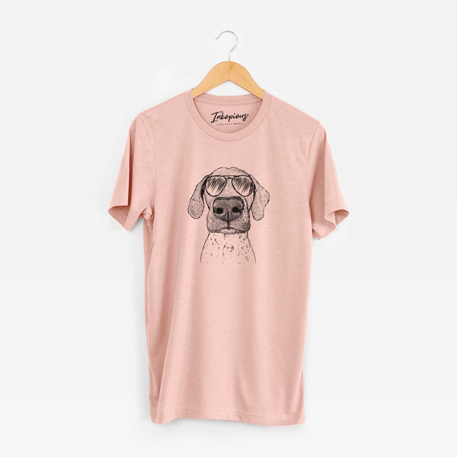 Hand-drawn sketch of Leroy the German Shorthaired Pointer wearing aviator sunglasses on a Peach Unisex crewneck