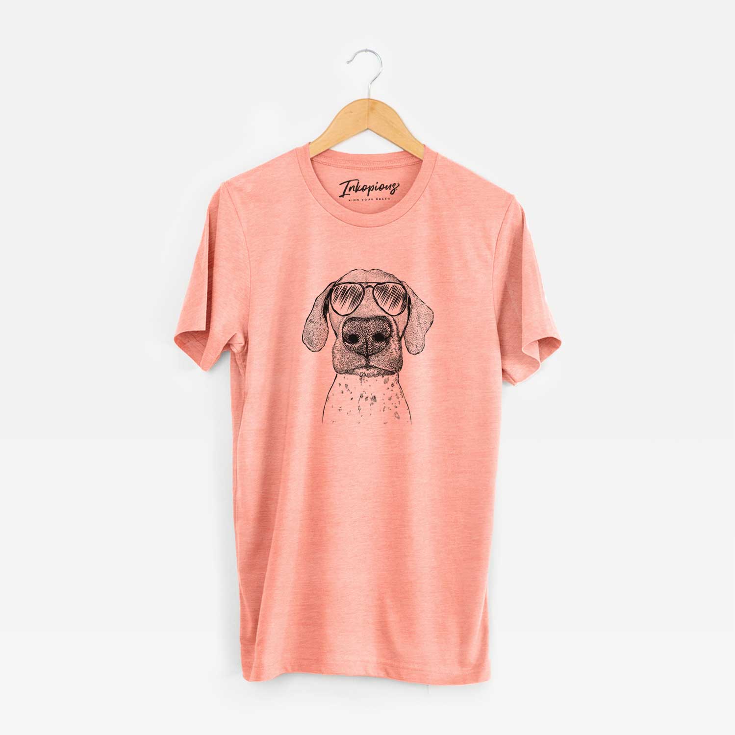 Hand-drawn sketch of Leroy the German Shorthaired Pointer wearing aviator sunglasses on a Sunset Unisex crewneck