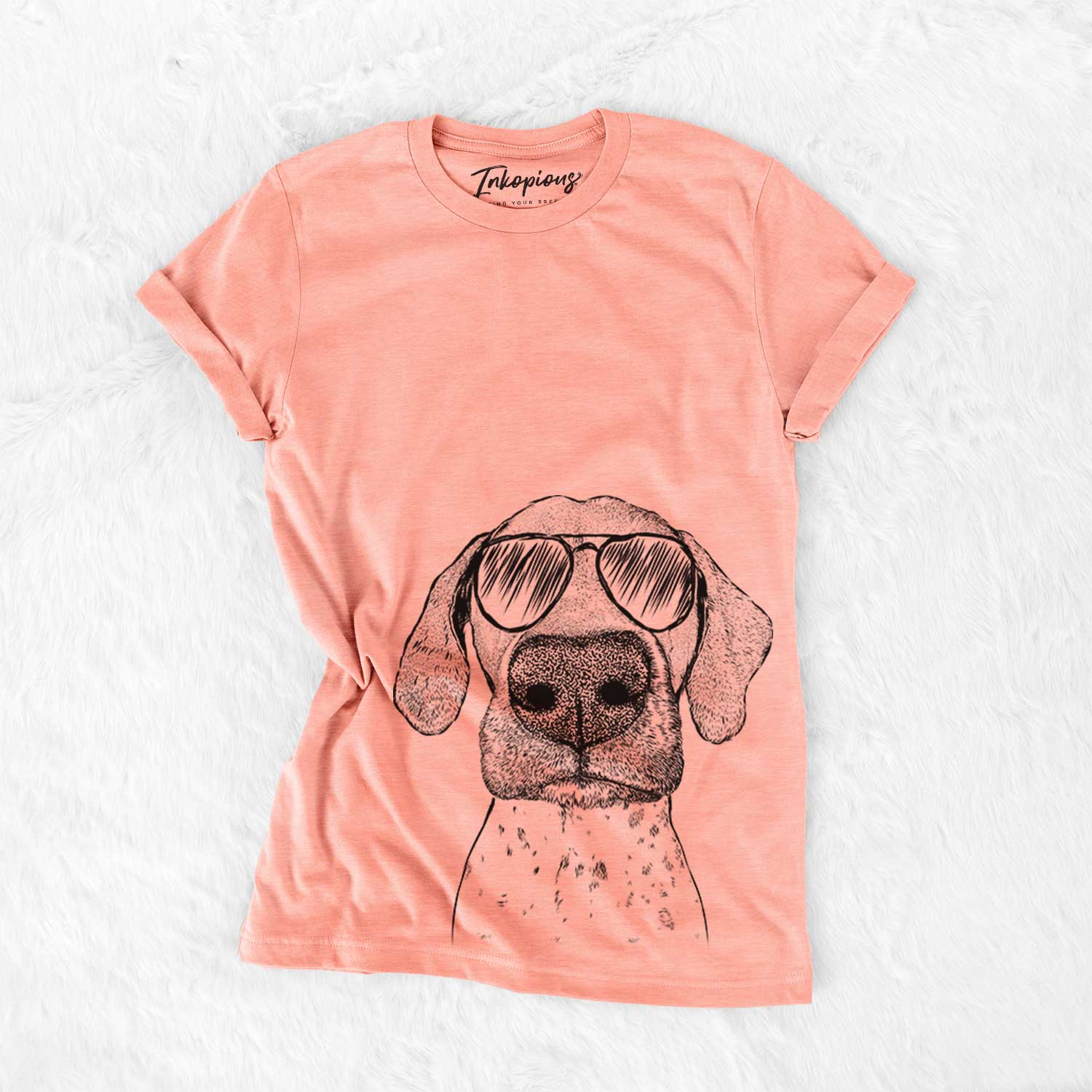 Hand-drawn sketch of Leroy the German Shorthaired Pointer wearing aviator sunglasses on a Sunset Bella Canvas Unisex Crewneck