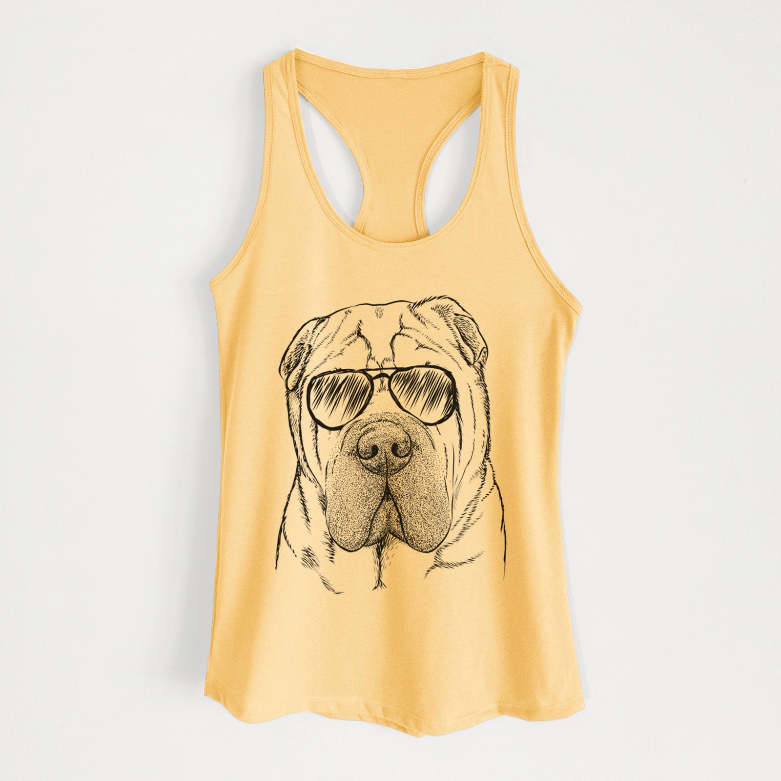Hand-drawn sketch of Lilly the Shar Pei wearing aviator sunglasses on a Banana Cream Women's racerback tanktop