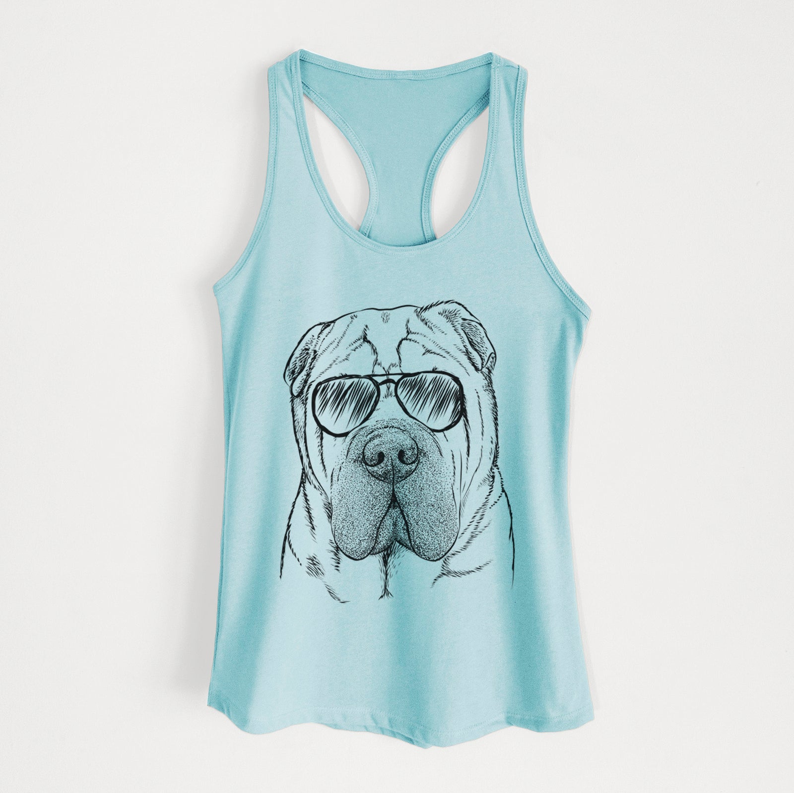 Hand-drawn sketch of Lilly the Shar Pei wearing aviator sunglasses on a Cancun Blue Women's racerback tanktop
