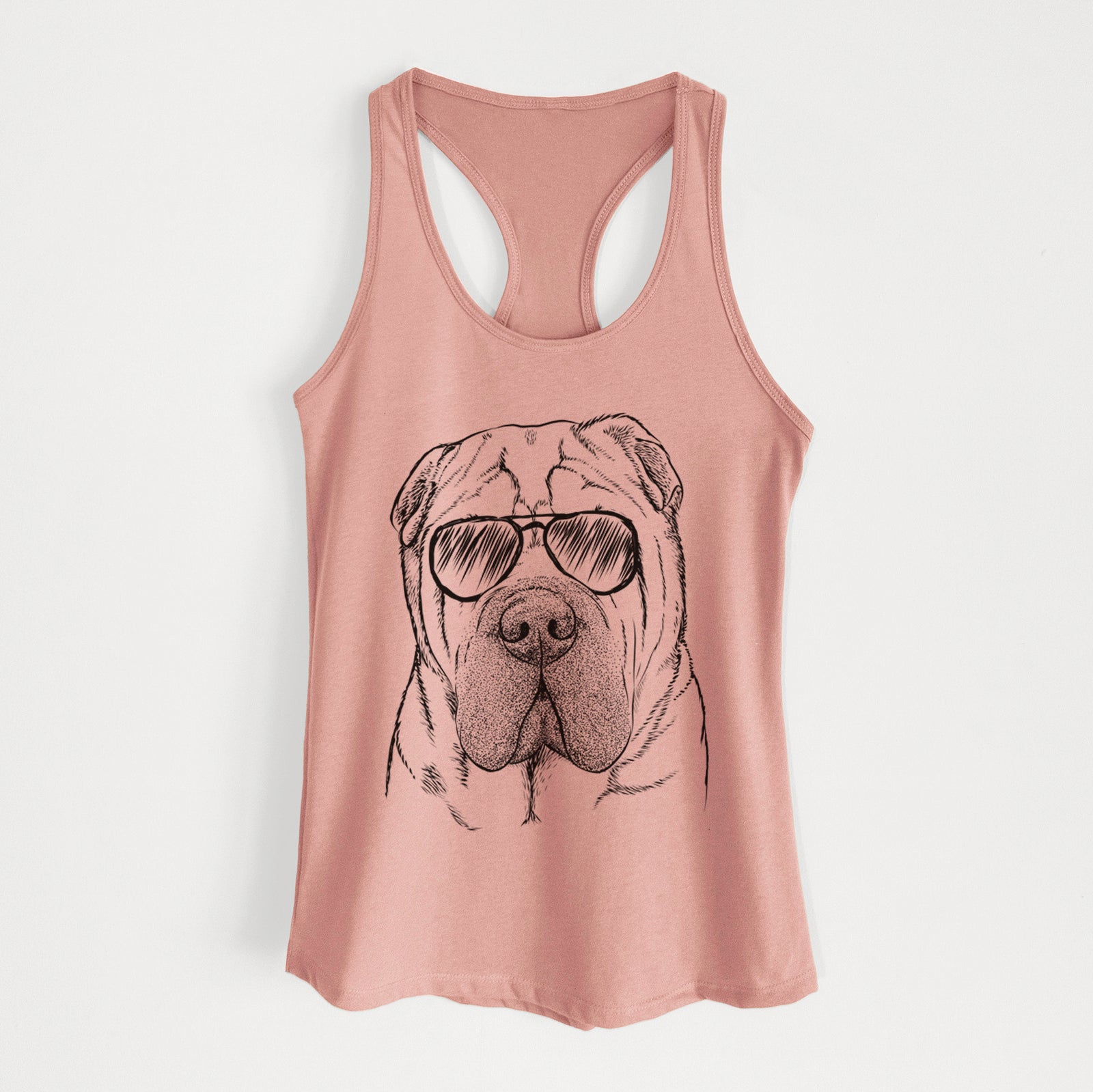 Hand-drawn sketch of Lilly the Shar Pei wearing aviator sunglasses on a Desert Pink Women's racerback tanktop