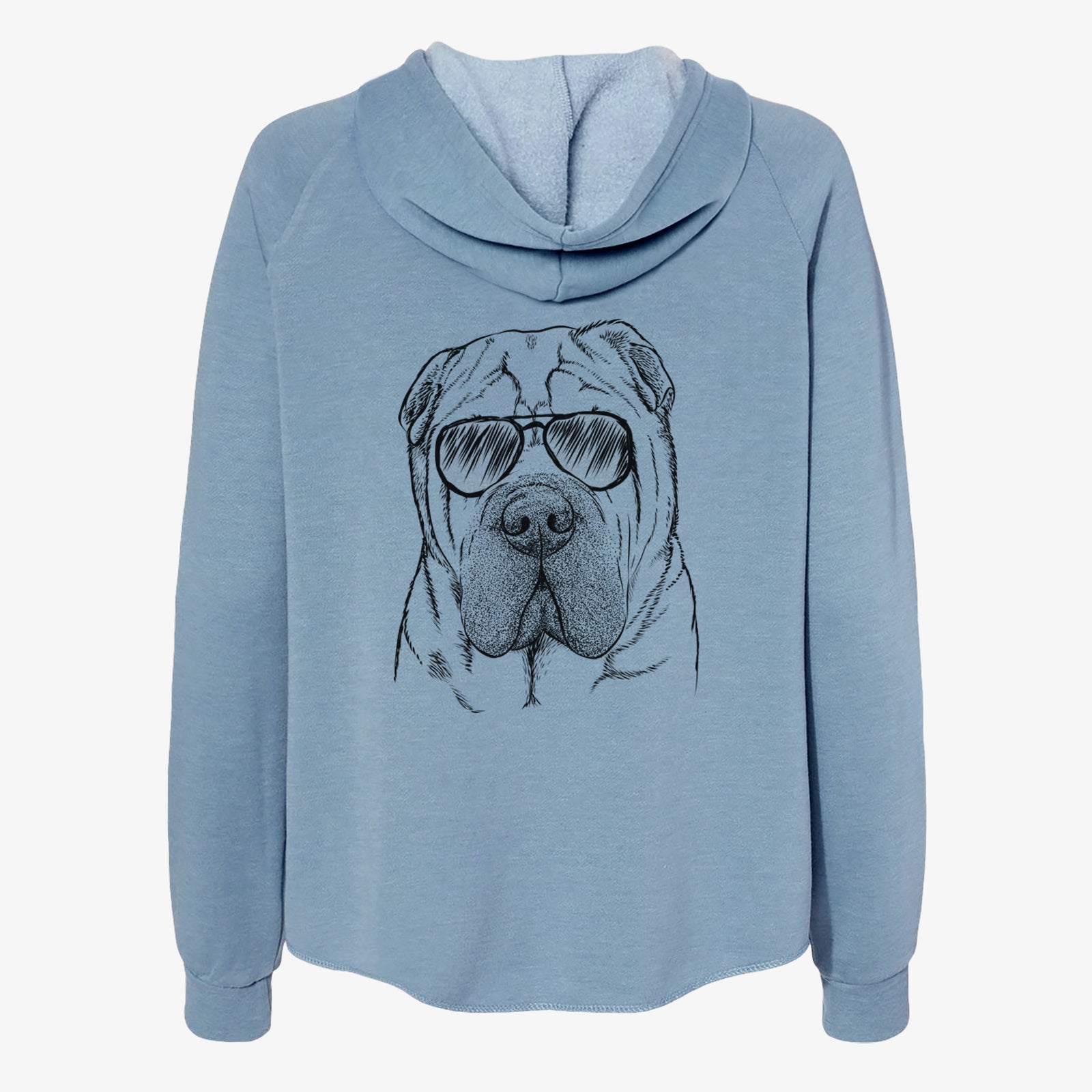 Hand-drawn sketch of Lilly the Shar Pei wearing aviator sunglasses on a Misty Blue Women's cali wave zip-up sweatshirt
