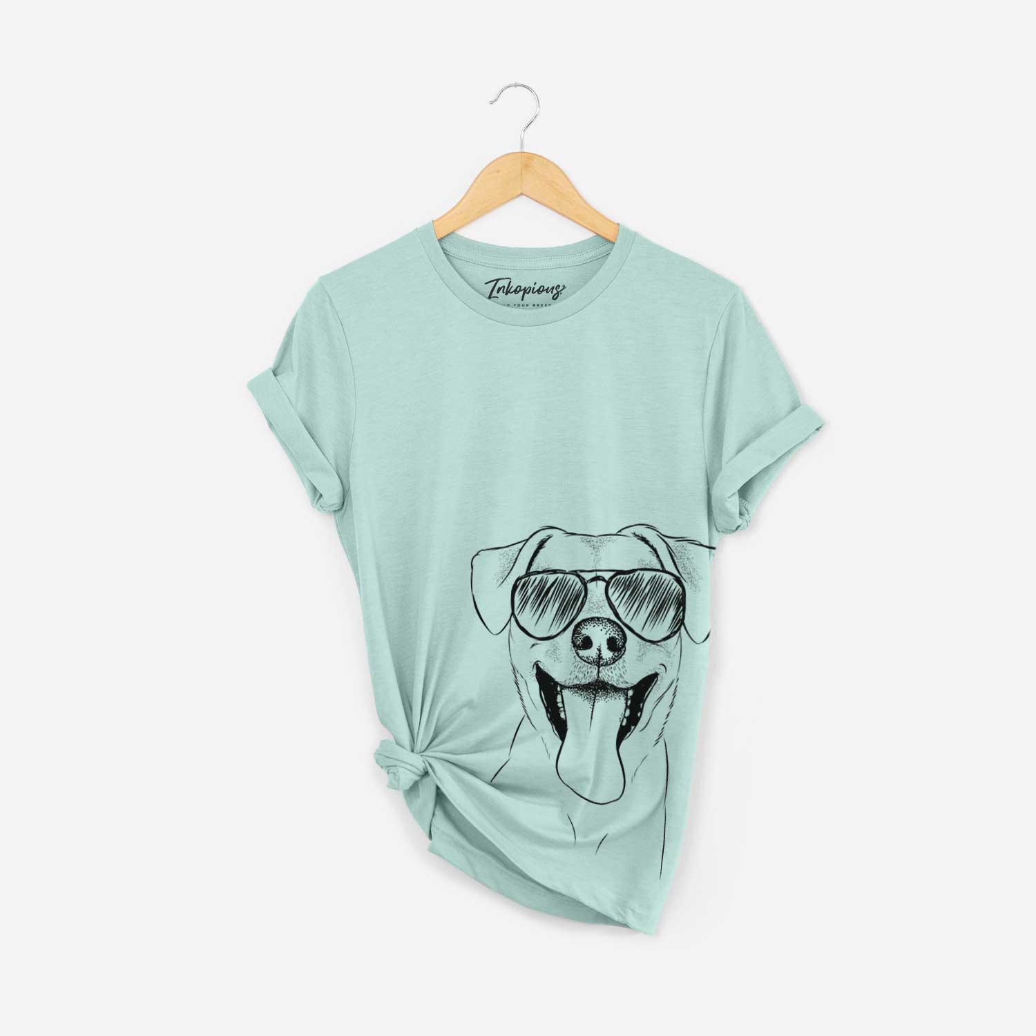 Hand-drawn sketch of Lily Estelle the Mixed Breed wearing aviator sunglasses on a Heather Sage Bella Canvas Unisex Crewneck