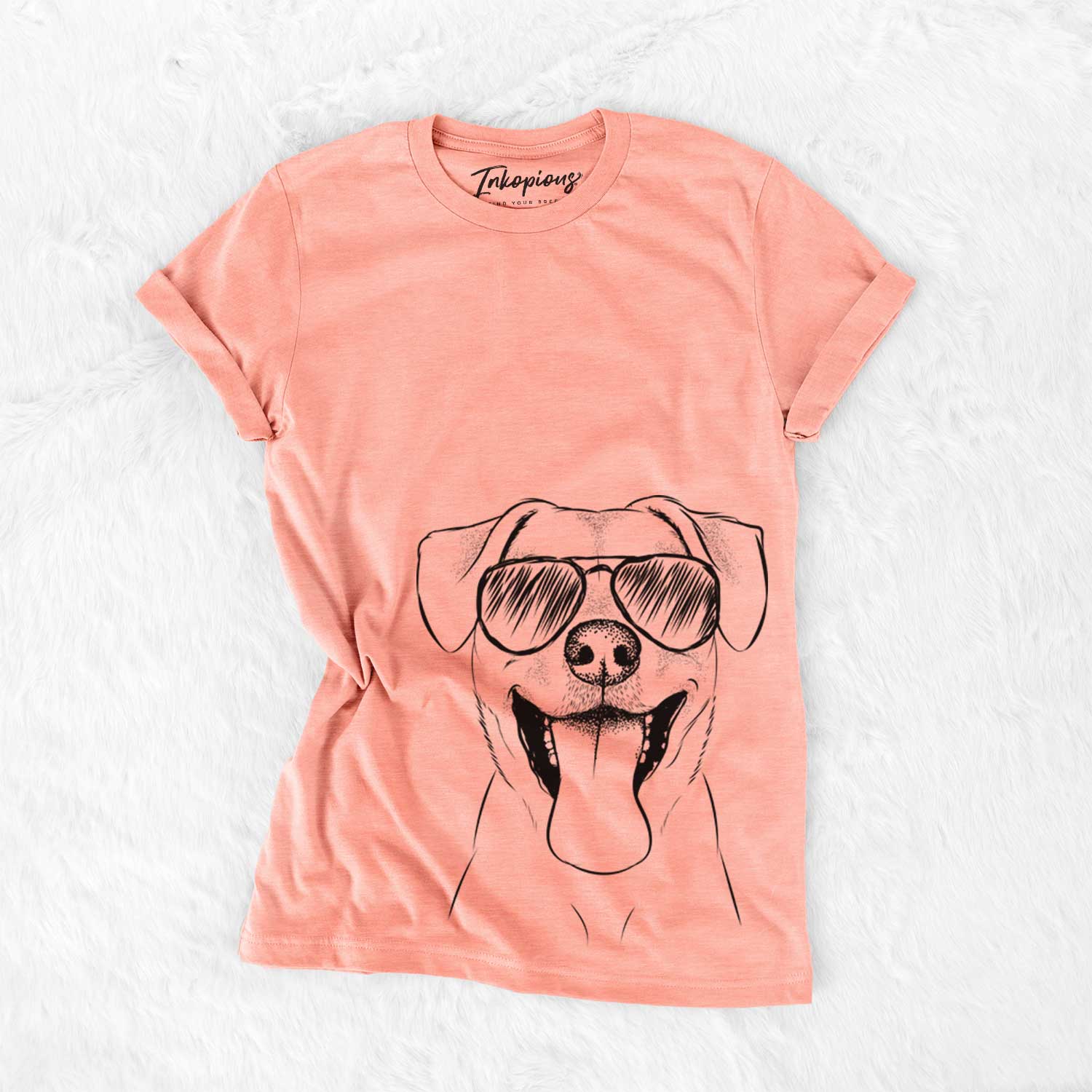 Hand-drawn sketch of Lily Estelle the Mixed Breed wearing aviator sunglasses on a Sunset Bella Canvas Unisex Crewneck