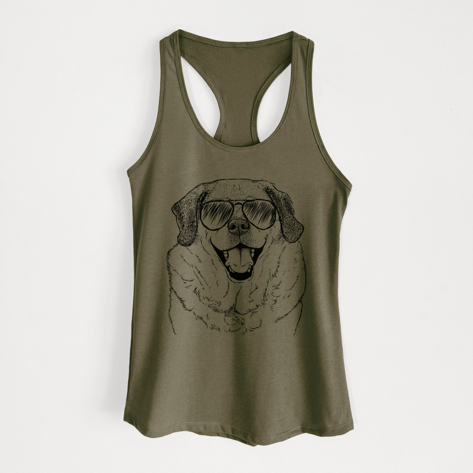 Hand-drawn sketch of Little Man the Puggle wearing aviator sunglasses on a Military Green Women's racerback tanktop
