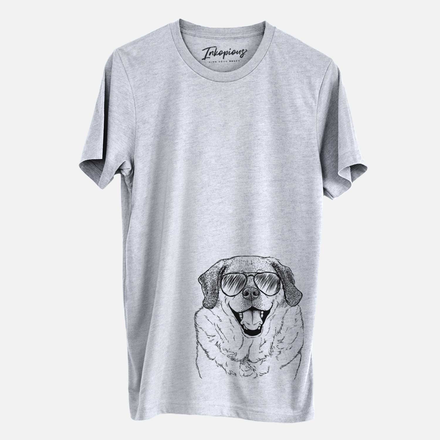 Hand-drawn sketch of Little Man the Puggle wearing aviator sunglasses on a Grey Unisex crewneck