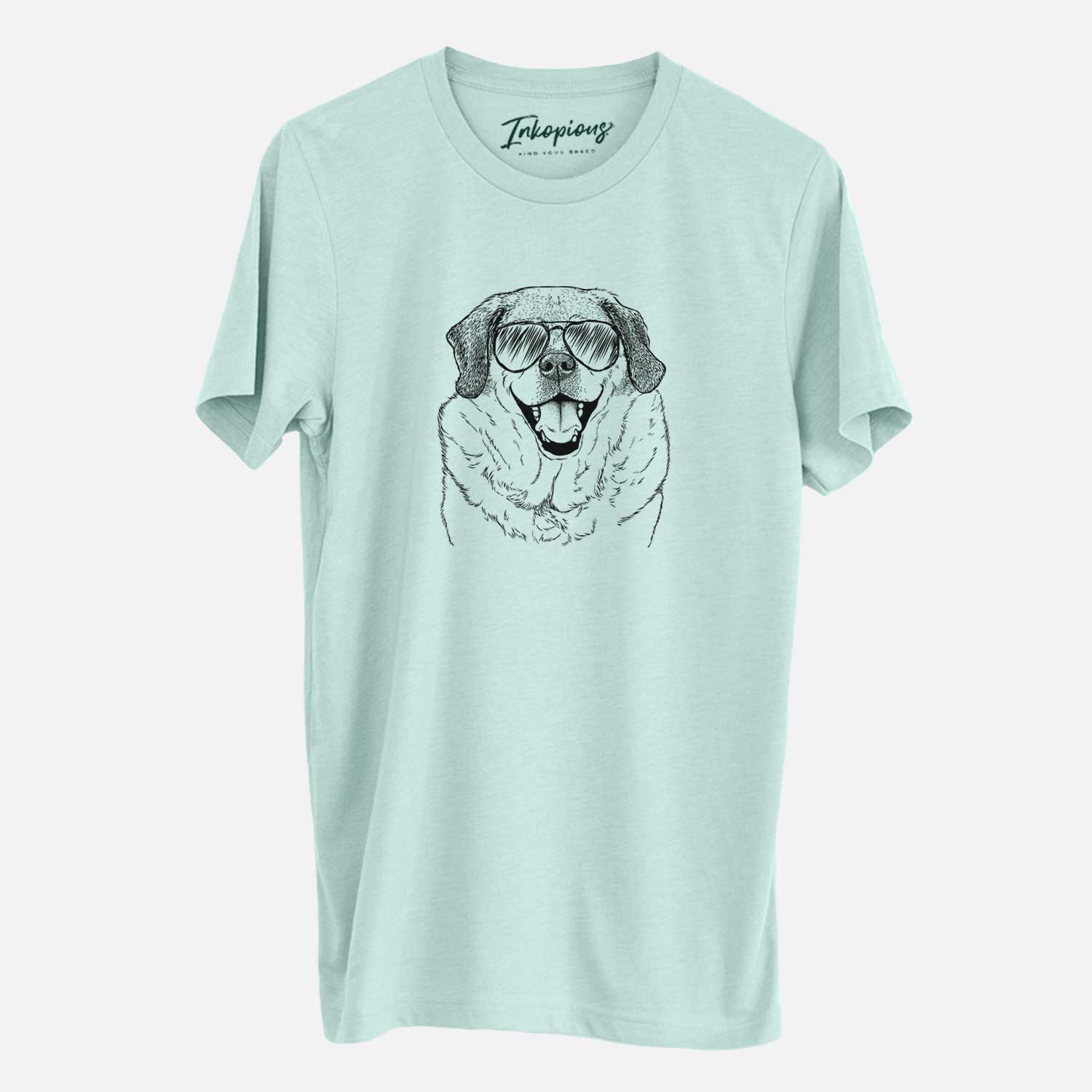 Hand-drawn sketch of Little Man the Puggle wearing aviator sunglasses on a Heather Sage Unisex crewneck