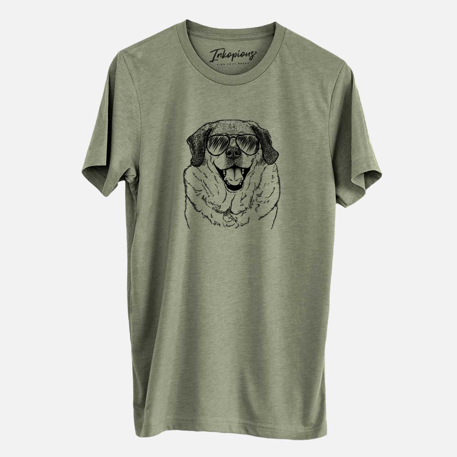 Hand-drawn sketch of Little Man the Puggle wearing aviator sunglasses on an Olive Unisex crewneck