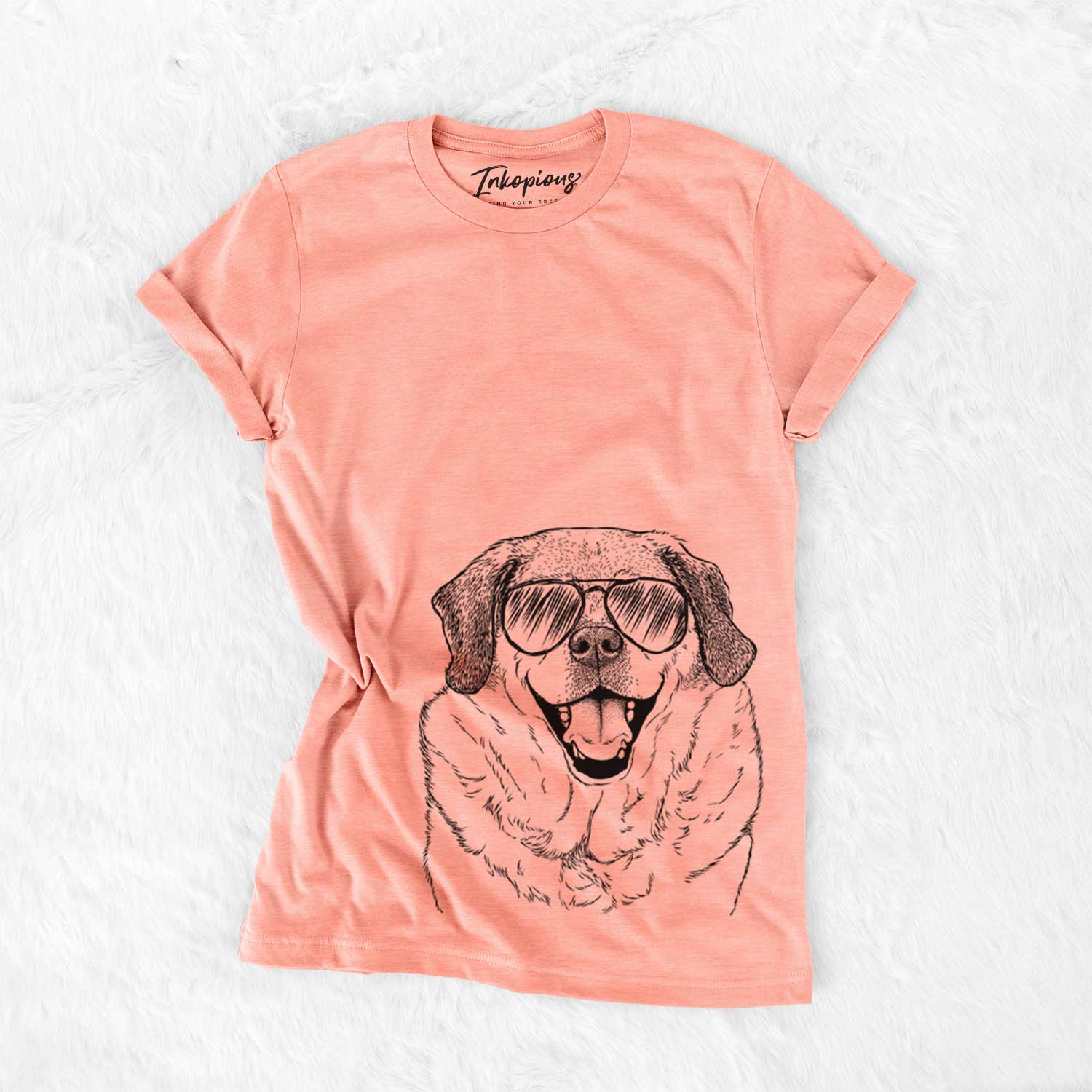 Hand-drawn sketch of LIttle Man the Puggle wearing aviator sunglasses on a Sunset Bella Canvas Unisex Crewneck