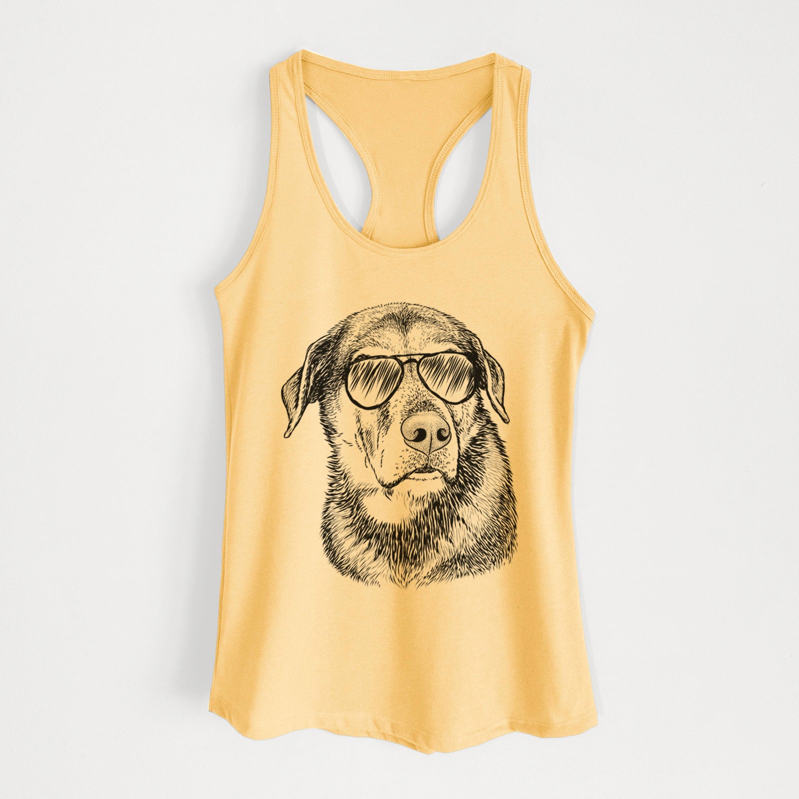 Hand-drawn sketch of Lobo the Shepherd Mix wearing aviator sunglasses on a Banana Cream Women's racerback tanktop