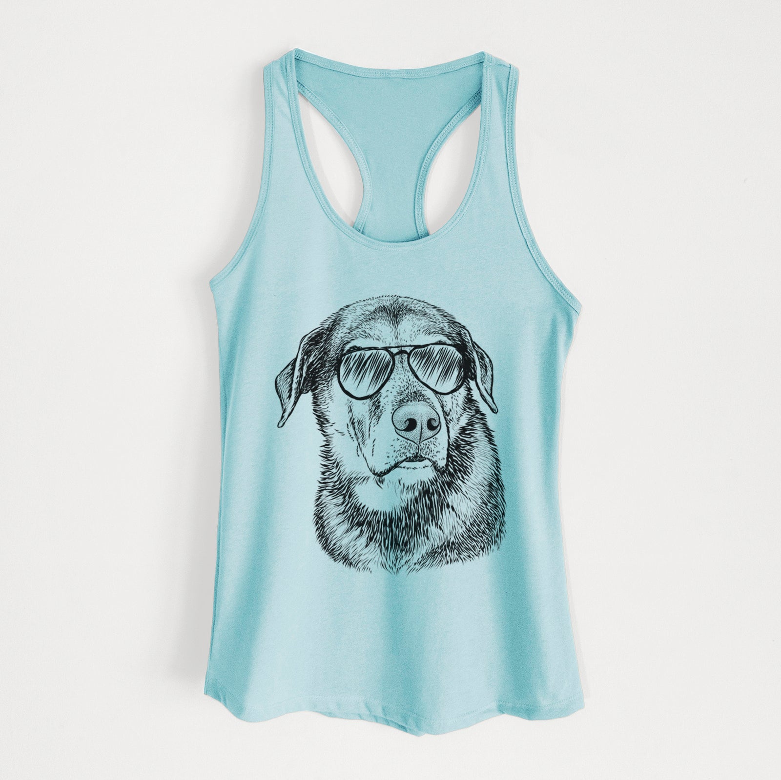Hand-drawn sketch of Lobo the Shepherd Mix wearing aviator sunglasses on a Cancun Blue Women's racerback tanktop
