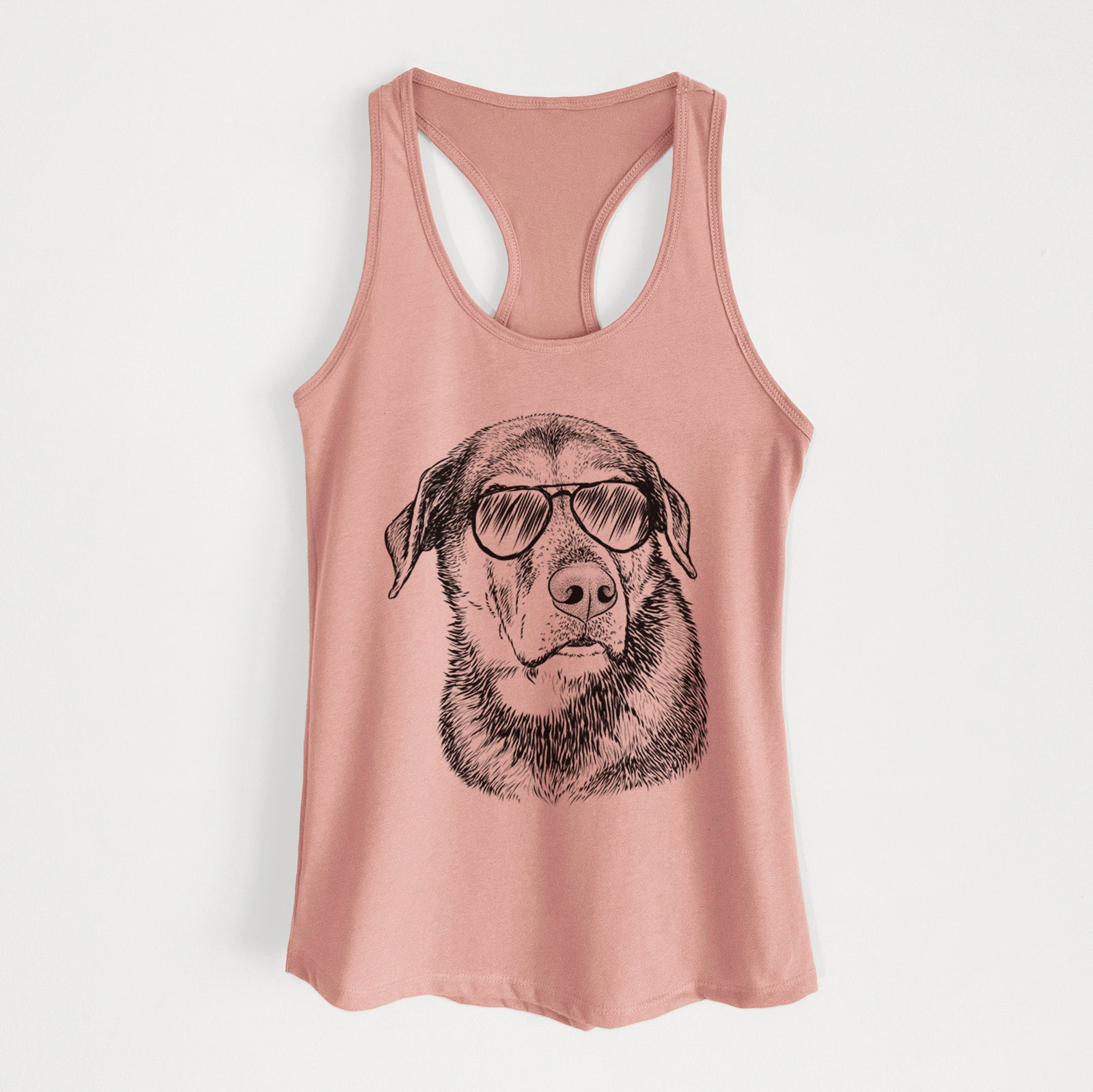 Hand-drawn sketch of Lobo the Shepherd Mix wearing aviator sunglasses on a Desert Pink Women's racerback tanktop