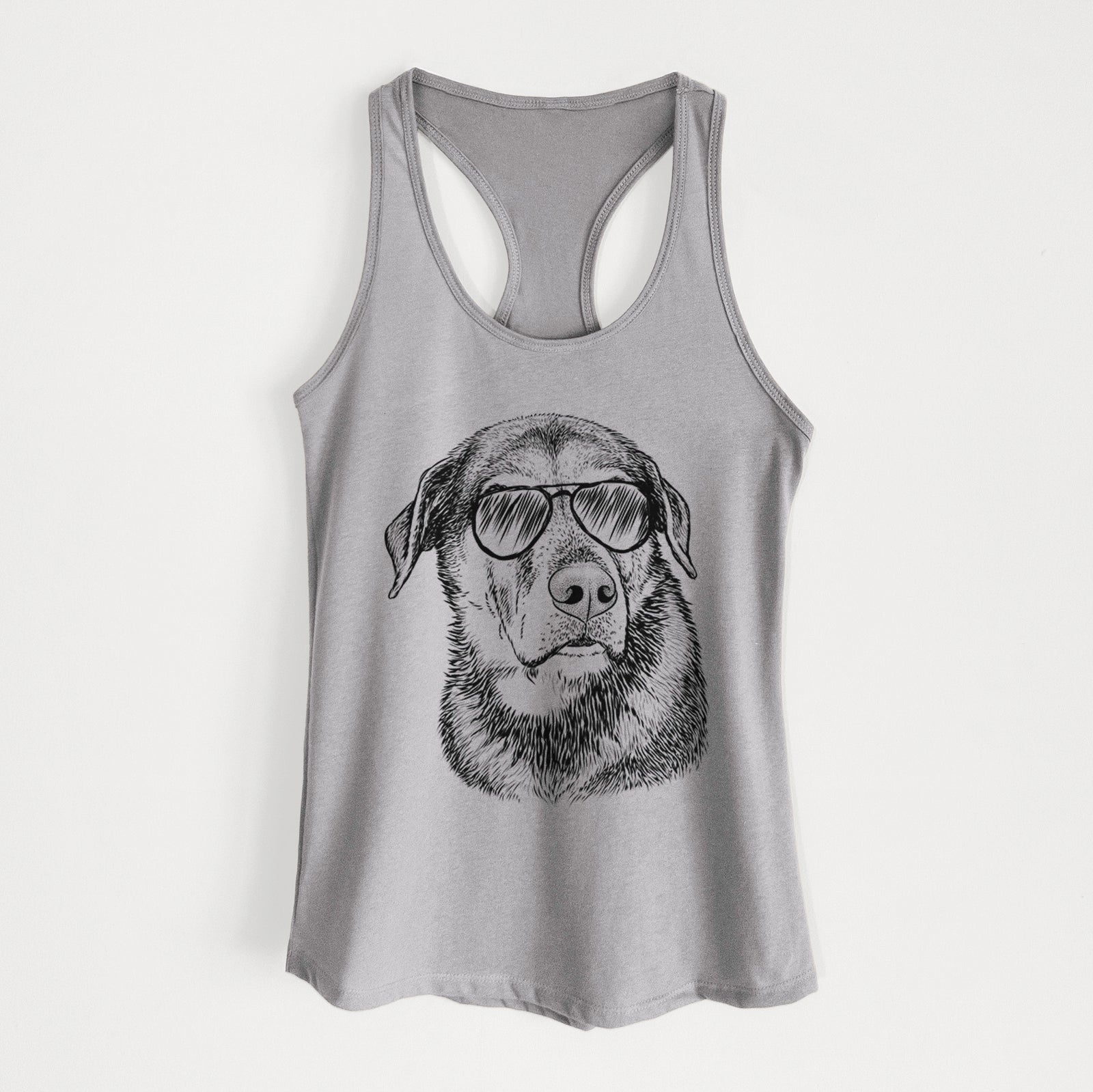 Hand-drawn sketch of Lobo the Shepherd Mix wearing aviator sunglasses on a Heather Grey Women's racerback tanktop