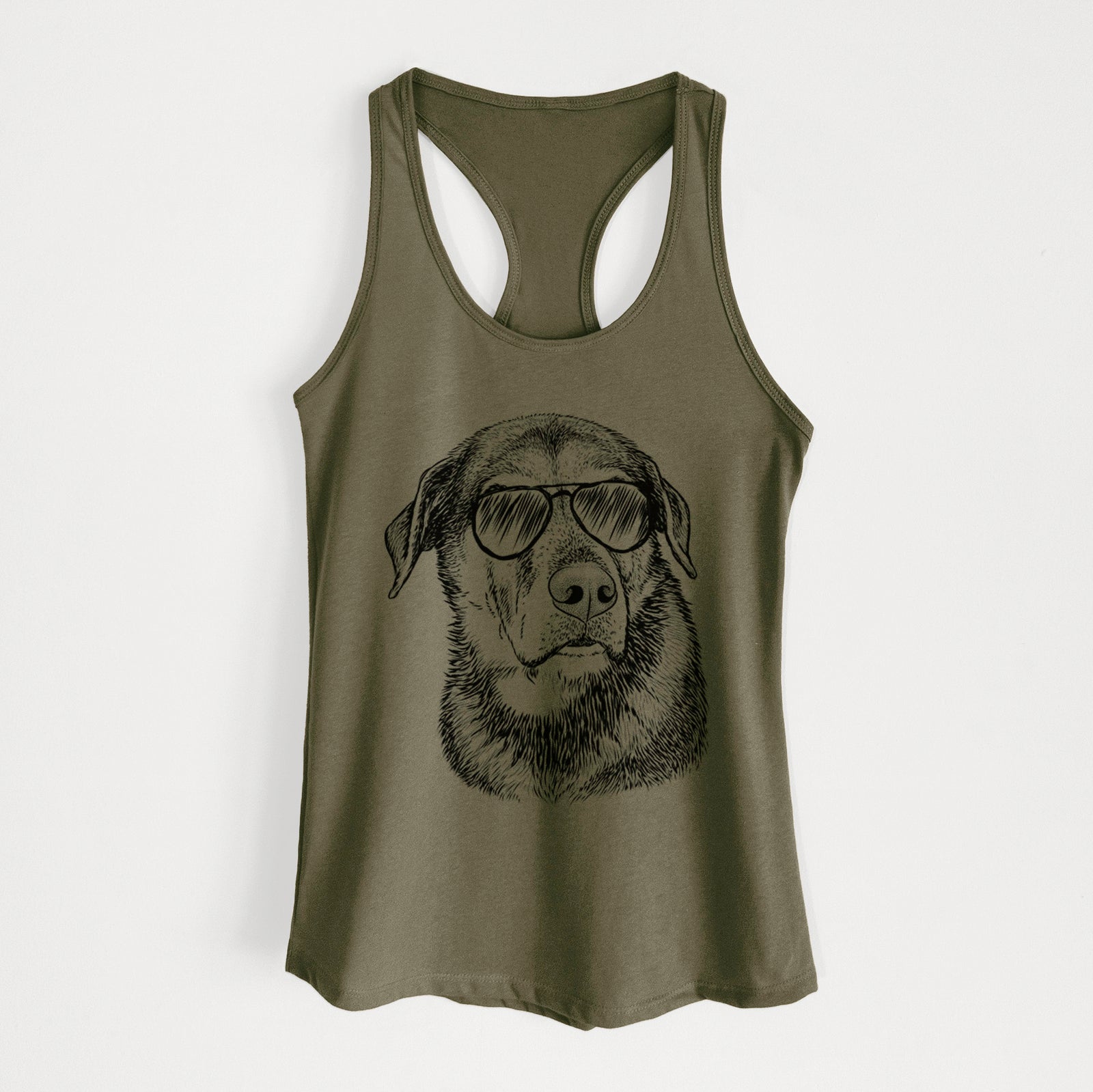 Hand-drawn sketch of Lobo the Shepherd Mix wearing aviator sunglasses on a Military Green Women's racerback tanktop
