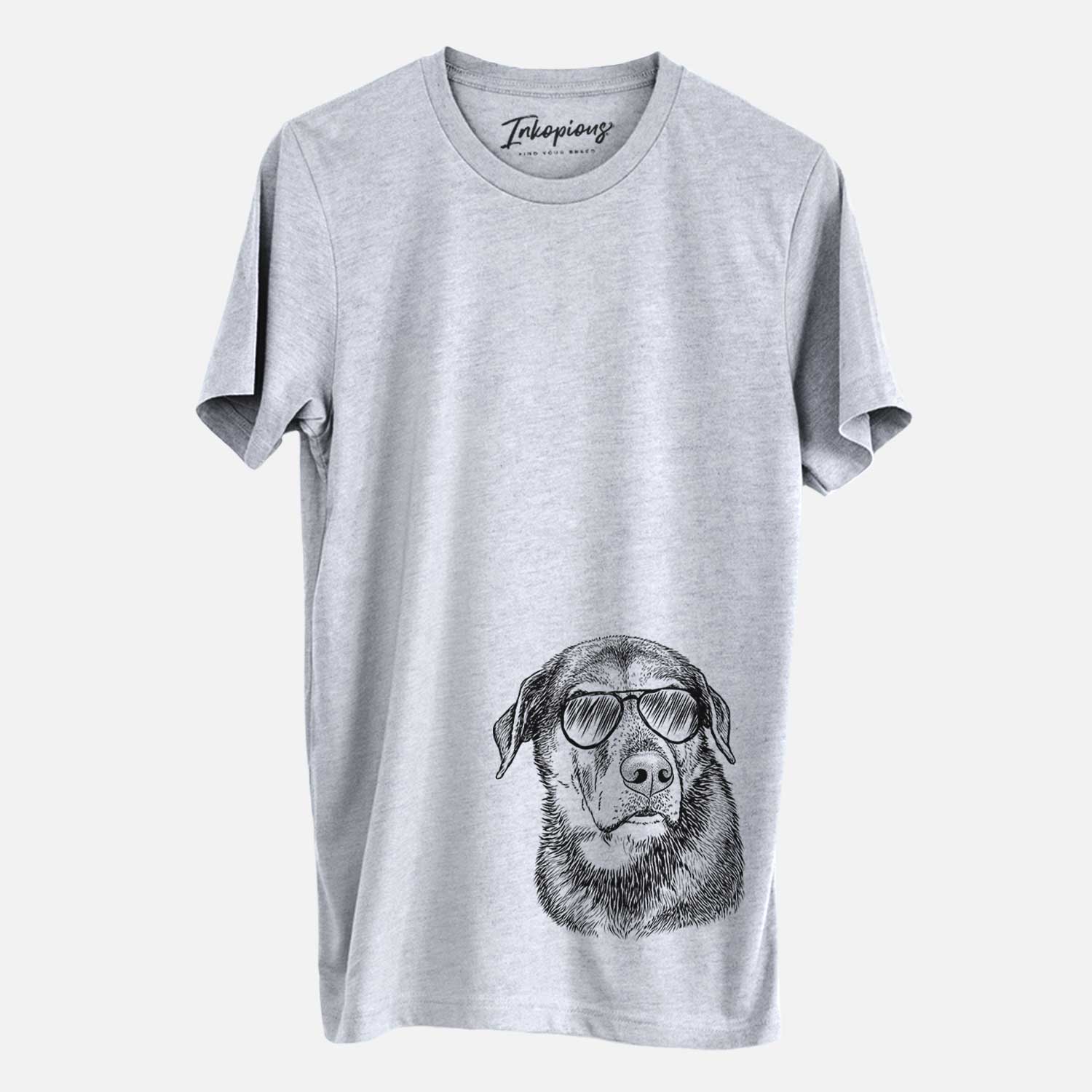Hand-drawn sketch of Lobo the Shepherd Mix wearing aviator sunglasses on a Grey Unisex crewneck