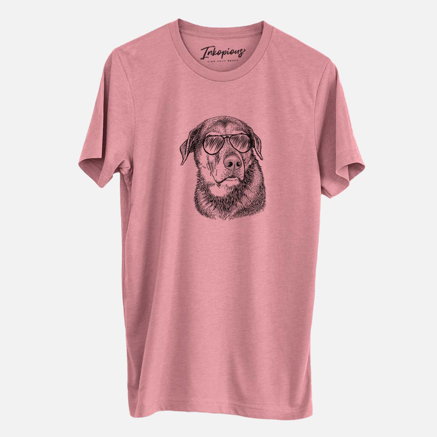 Hand-drawn sketch of Lobo the Shepherd Mix wearing aviator sunglasses on a Mauve Unisex crewneck