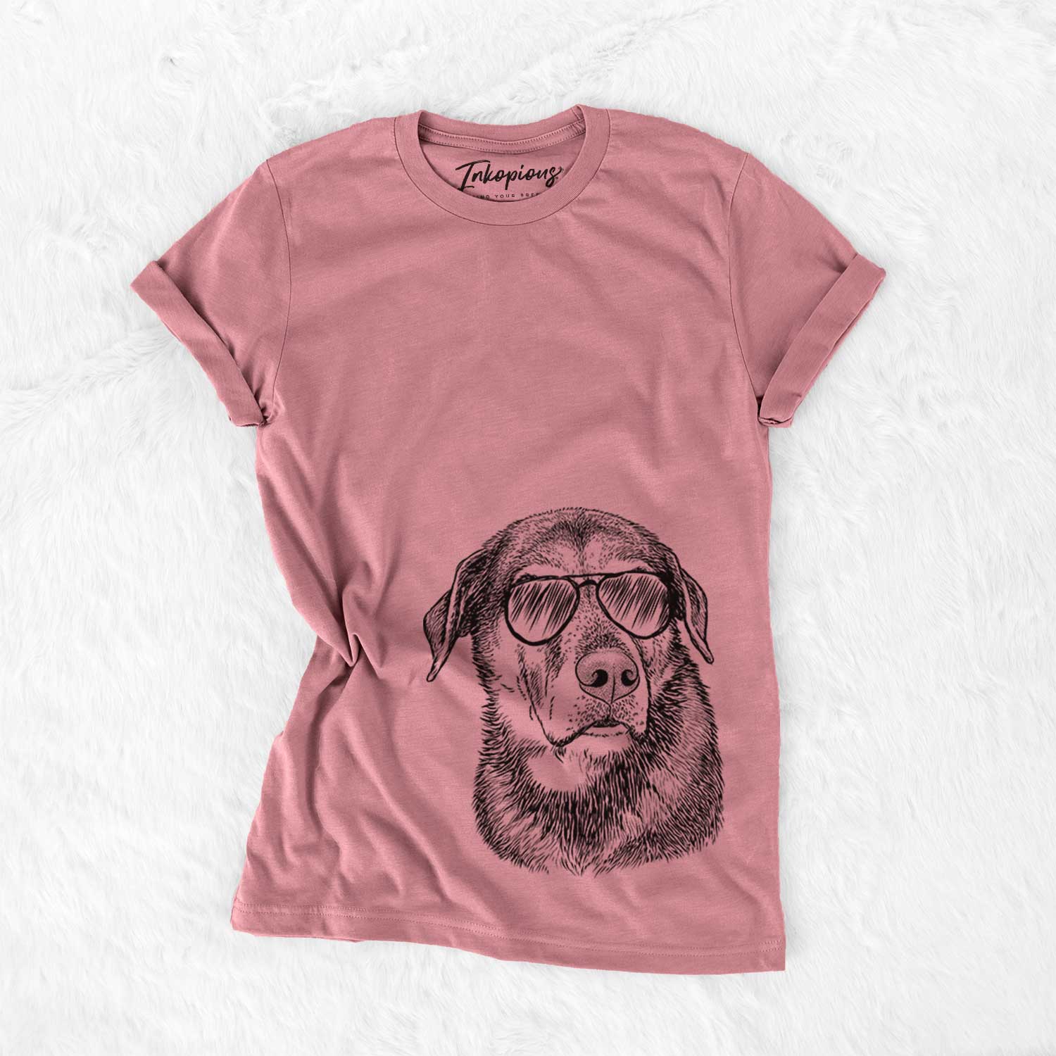 Hand-drawn sketch of Lobo the Shepherd Mix wearing aviator sunglasses on a Mauve Unisex crewneck