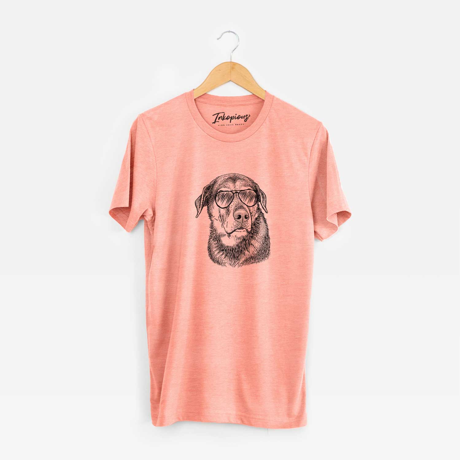 Hand-drawn sketch of Lobo the Shepherd Mix wearing aviator sunglasses on a Sunset Unisex crewneck