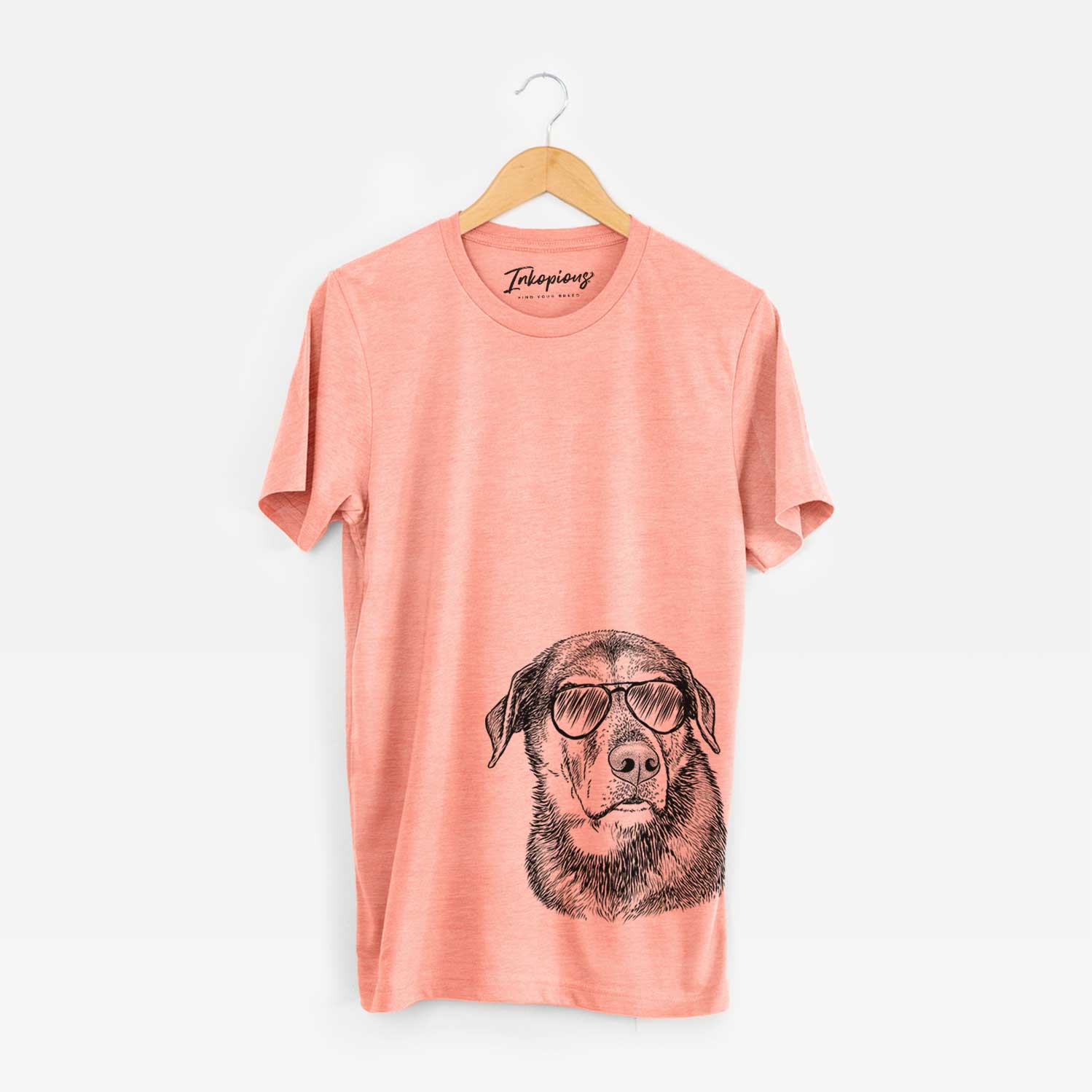 Hand-drawn sketch of Lobo the Shepherd Mix wearing aviator sunglasses on a Sunset Unisex crewneck
