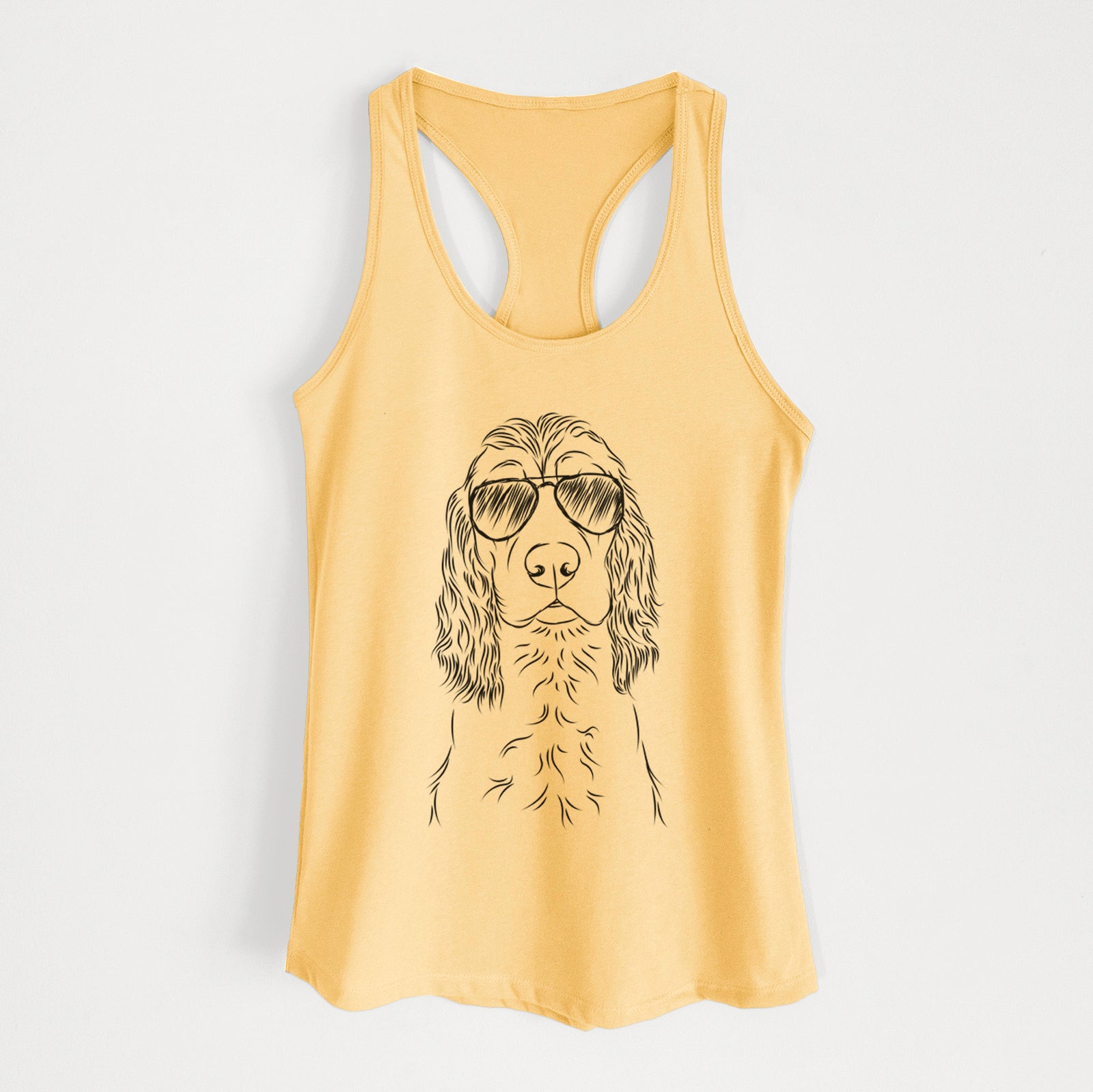 Hand-drawn sketch of Logan the Cocker Spaniel wearing aviator sunglasses on a Banana Cream Women's racerback tanktop