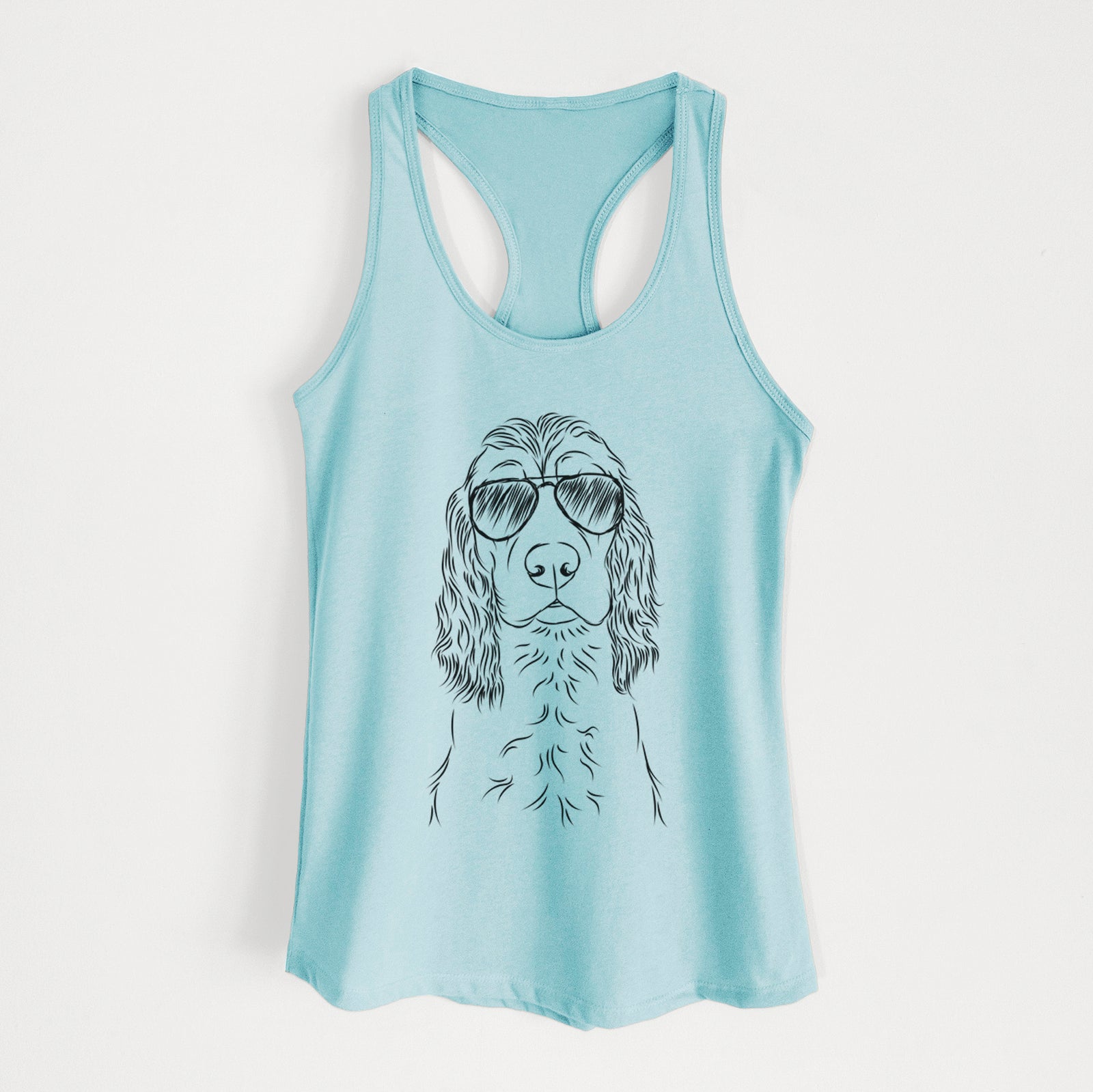 Hand-drawn sketch of Logan the Cocker Spaniel wearing aviator sunglasses on a Cancun Blue Women's racerback tanktop