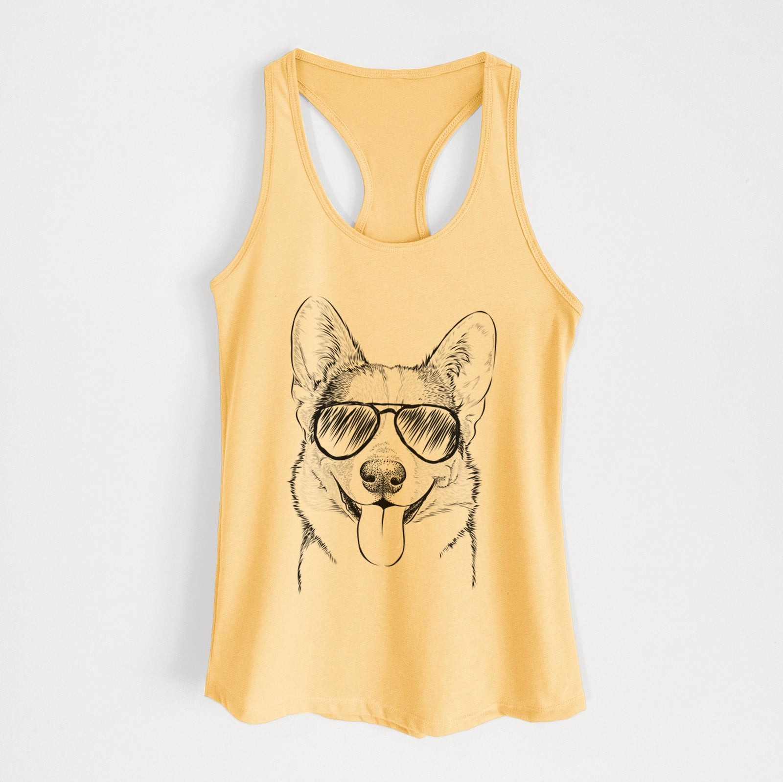 Hand-drawn sketch of Loki the Corgi wearing aviator sunglasses on a Banana Cream Women's racerback tanktop