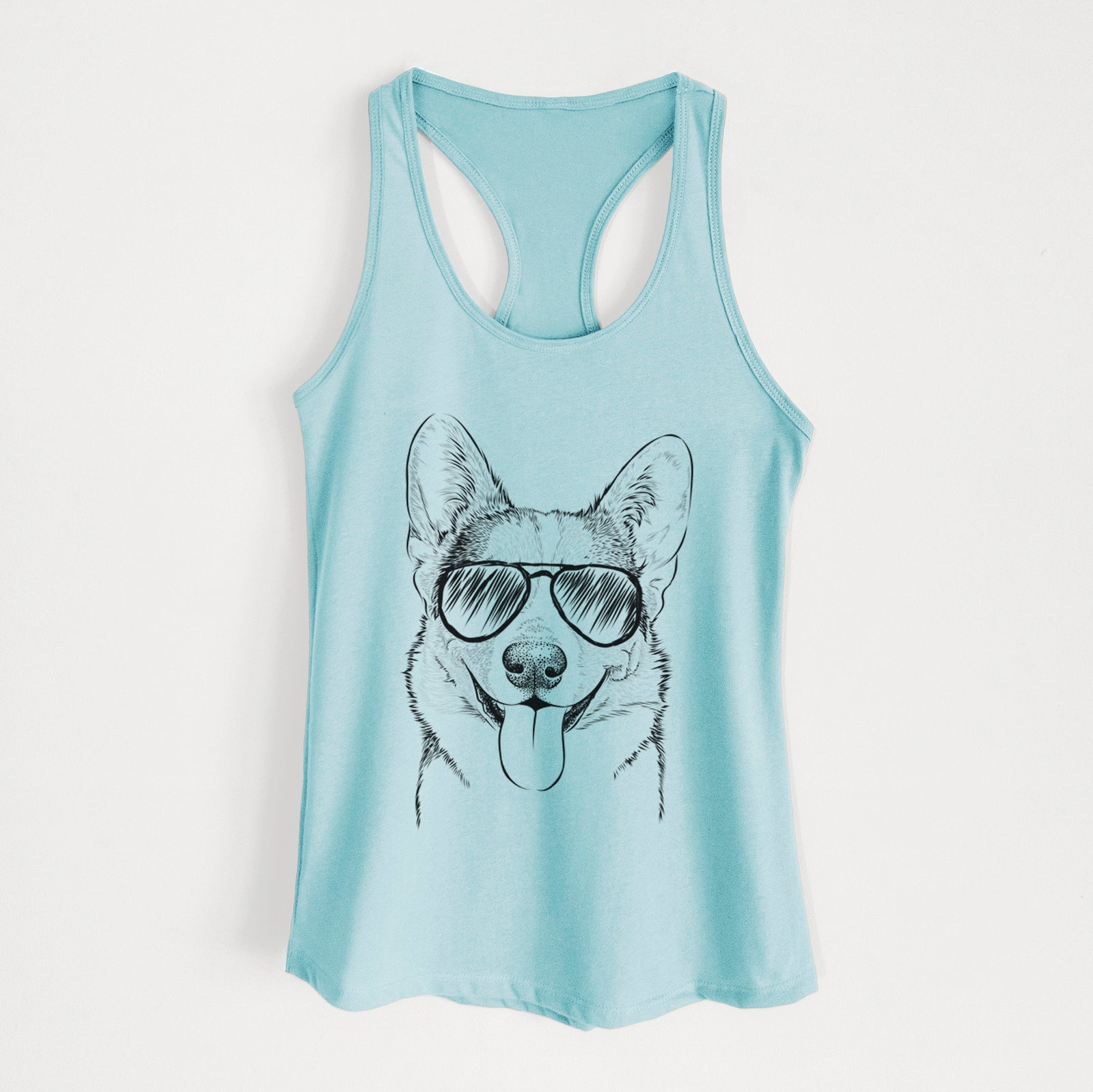 Hand-drawn sketch of Loki the Corgi wearing aviator sunglasses on a Cancun Blue Women's racerback tanktop