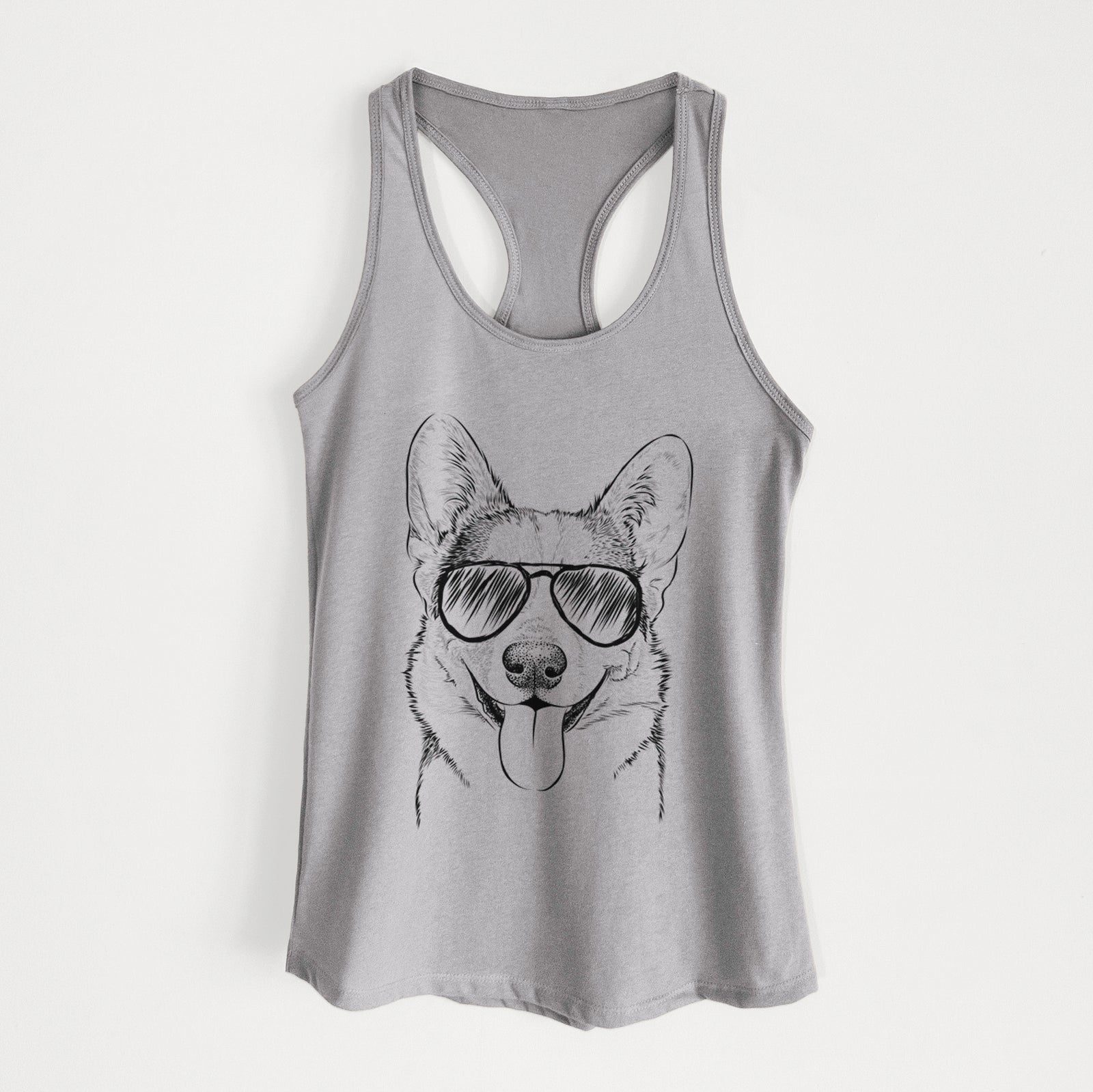 Hand-drawn sketch of Loki the Corgi wearing aviator sunglasses on a Heather Grey Women's racerback tanktop