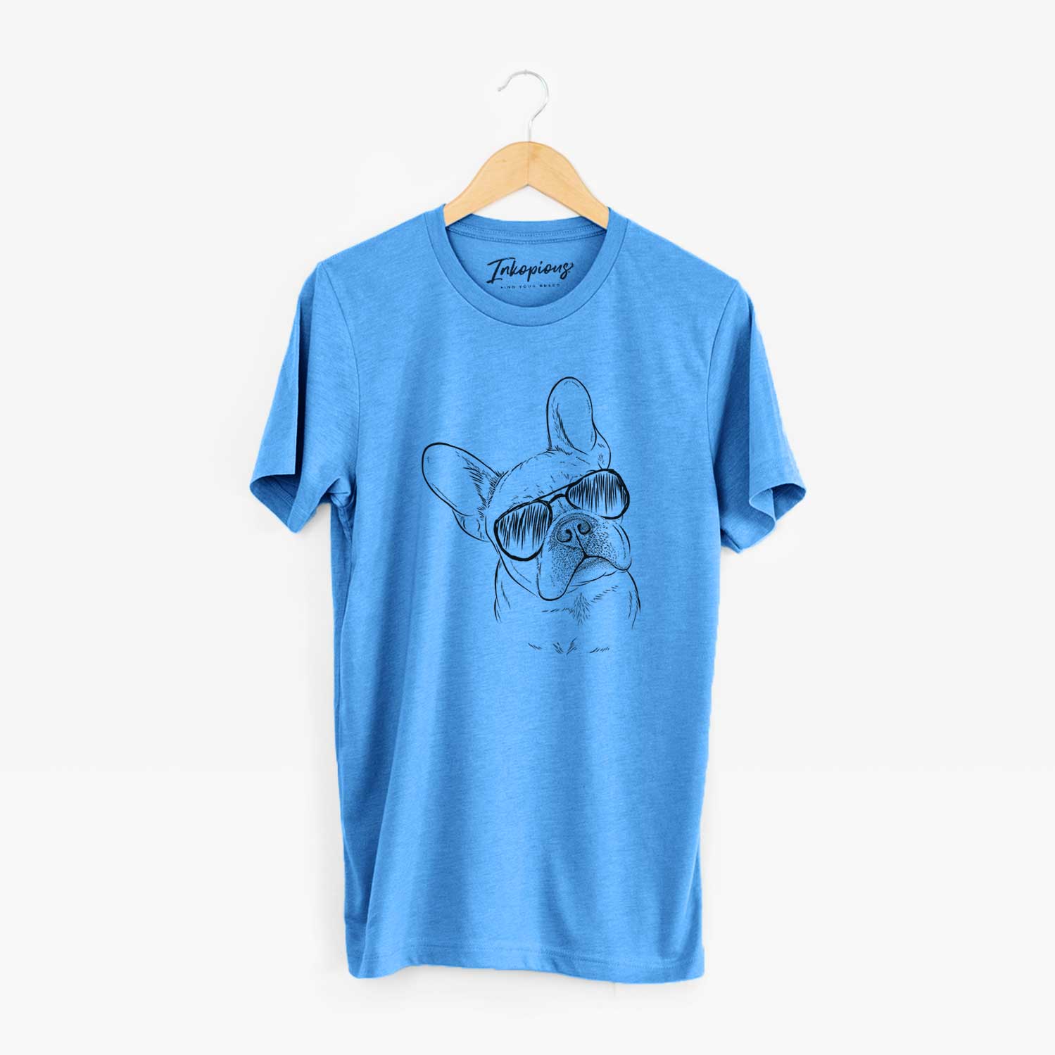 Hand-drawn sketch of Loki the French Bulldog wearing aviator sunglasses on a Blue Unisex crewneck