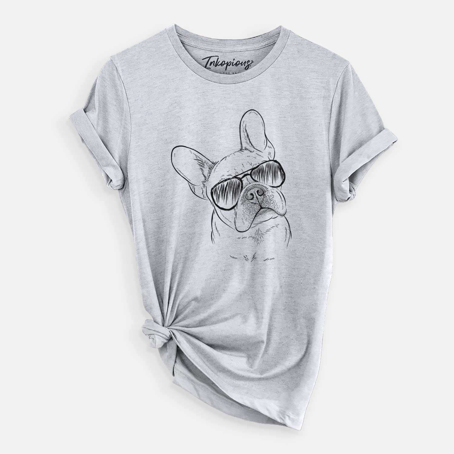 Hand-drawn sketch of Loki the French Bulldog wearing aviator sunglasses on a Grey Unisex crewneck