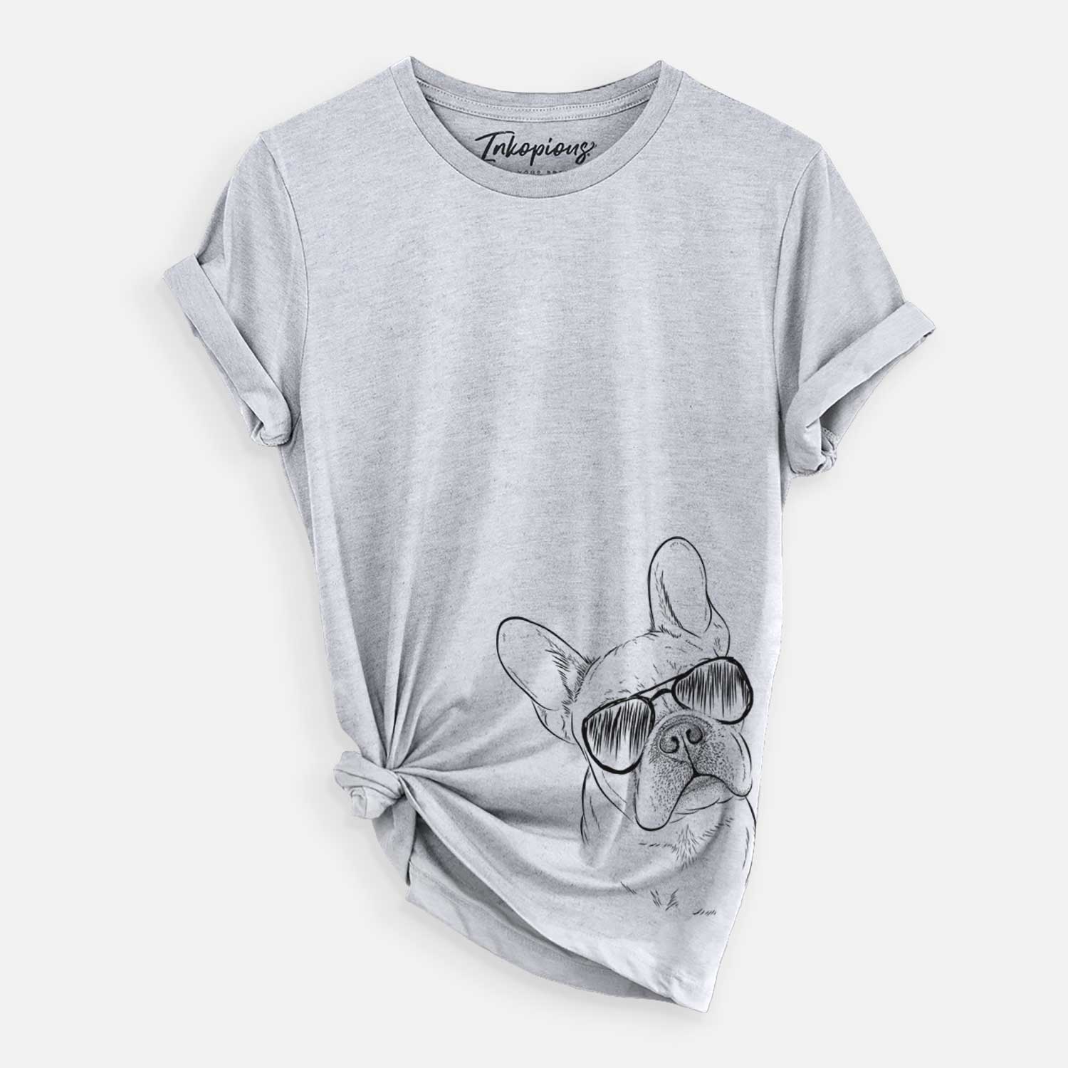 Hand-drawn sketch of Loki the French Bulldog wearing aviator sunglasses on a Grey Unisex crewneck
