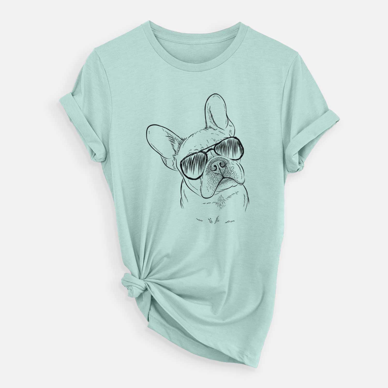 Hand-drawn sketch of Loki the French Bulldog wearing aviator sunglasses on a Heather Sage Unisex crewneck
