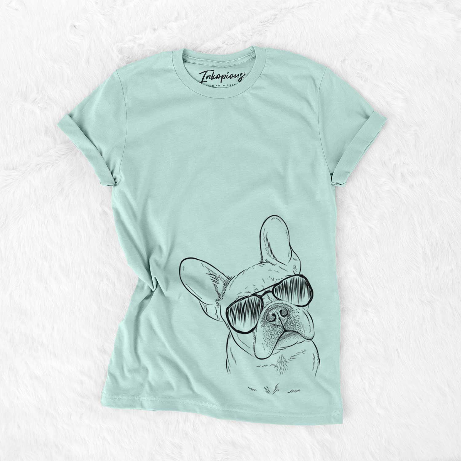 Hand-drawn sketch of Loki the French Bulldog wearing aviator sunglasses on a Heather Sage Unisex crewneck