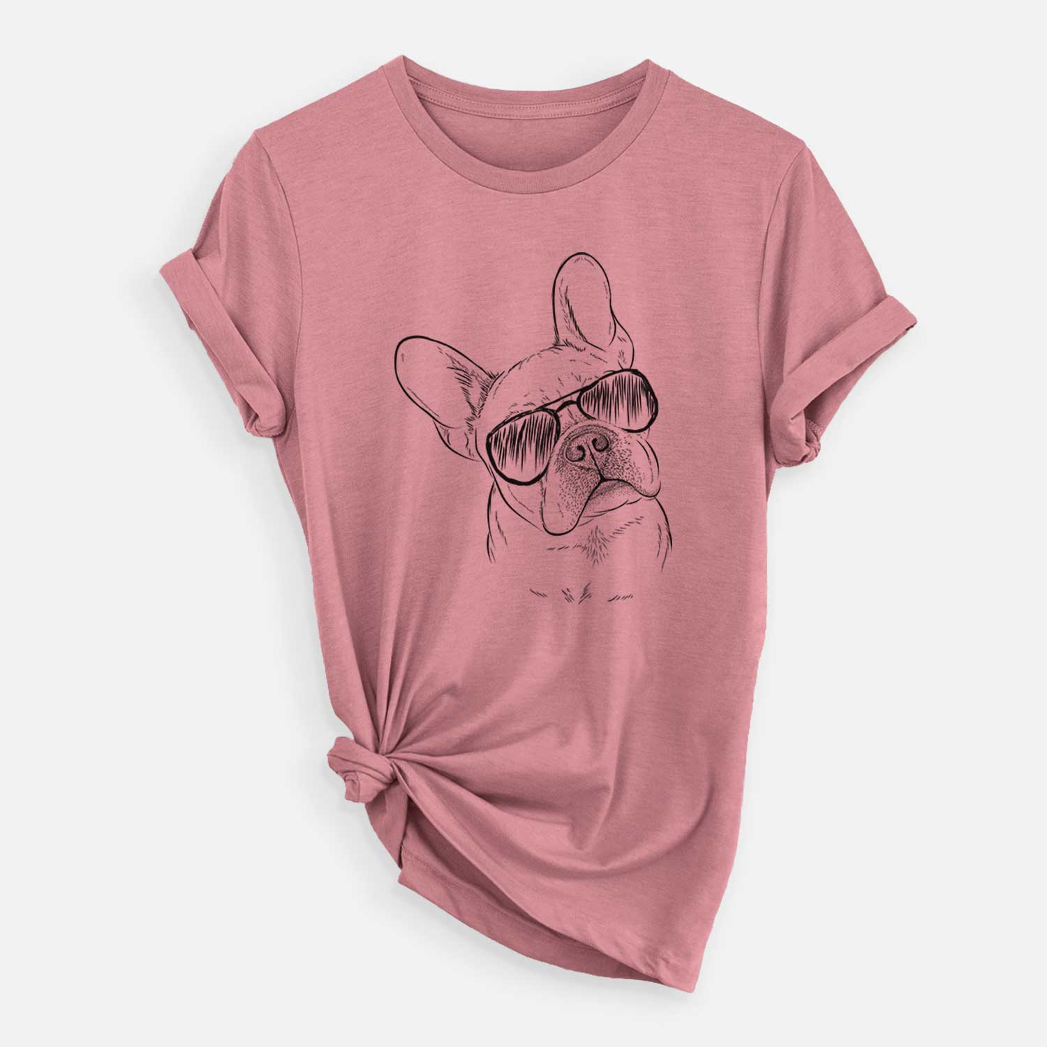 Hand-drawn sketch of Loki the French Bulldog wearing aviator sunglasses on a Mauve Unisex crewneck
