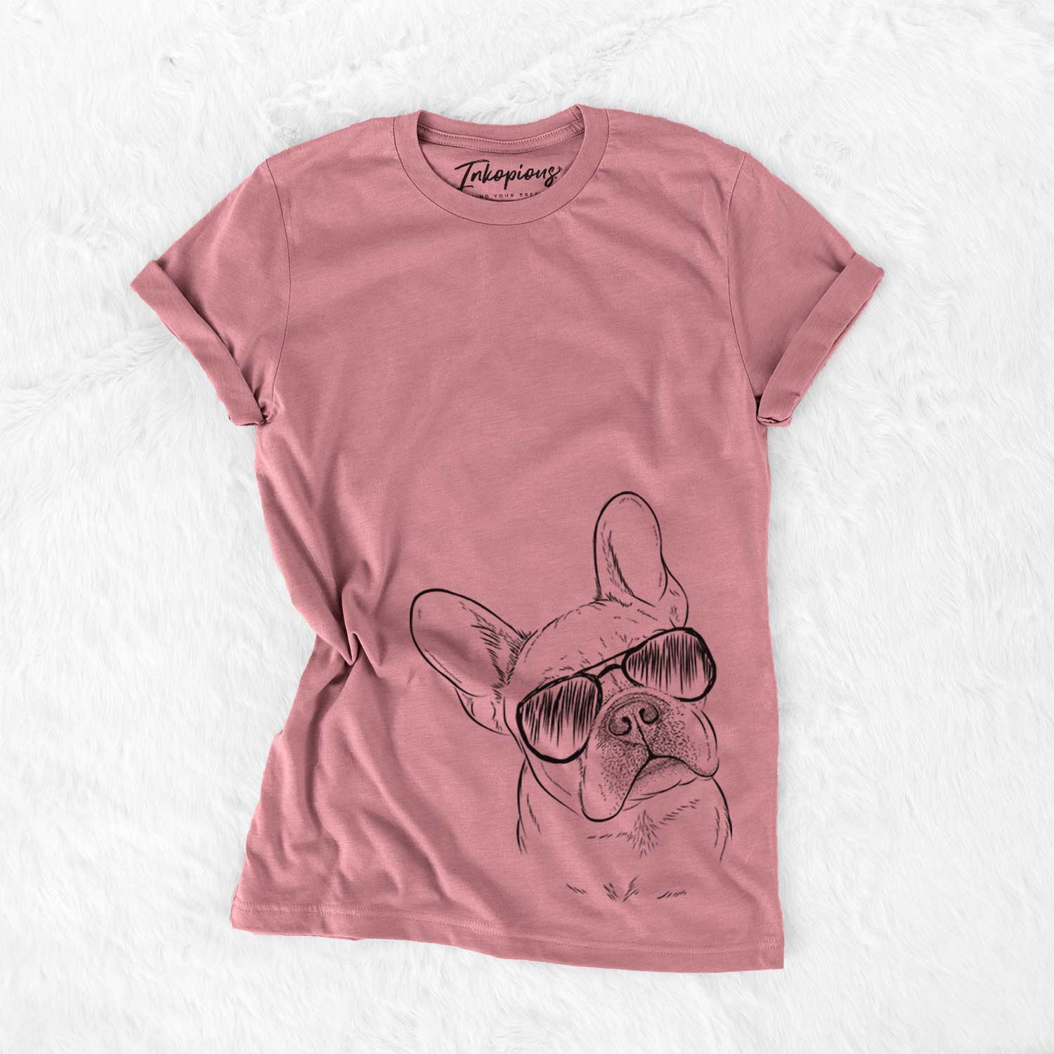 Hand-drawn sketch of Loki the French Bulldog wearing aviator sunglasses on a Mauve Unisex crewneck