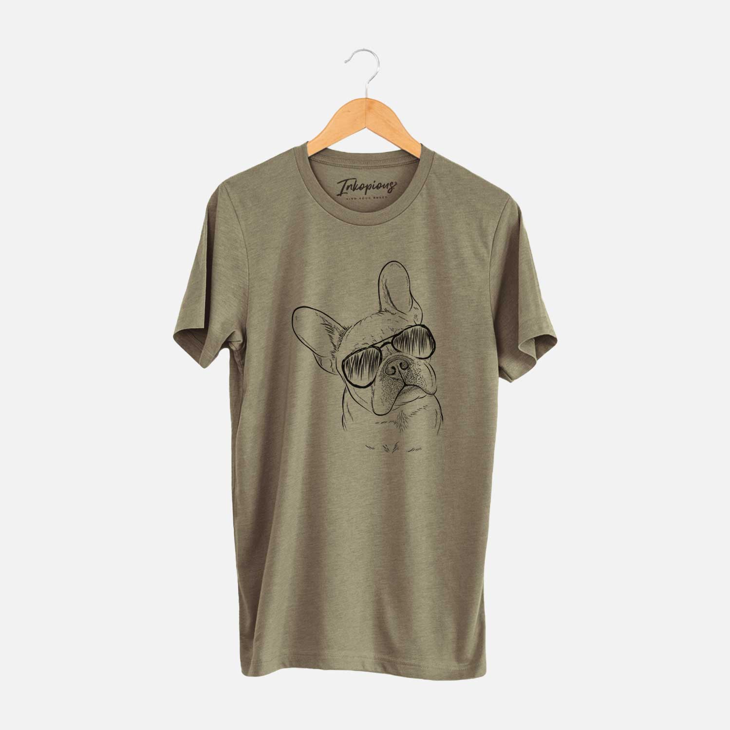 Hand-drawn sketch of Loki the French Bulldog wearing aviator sunglasses on an Olive Unisex crewneck