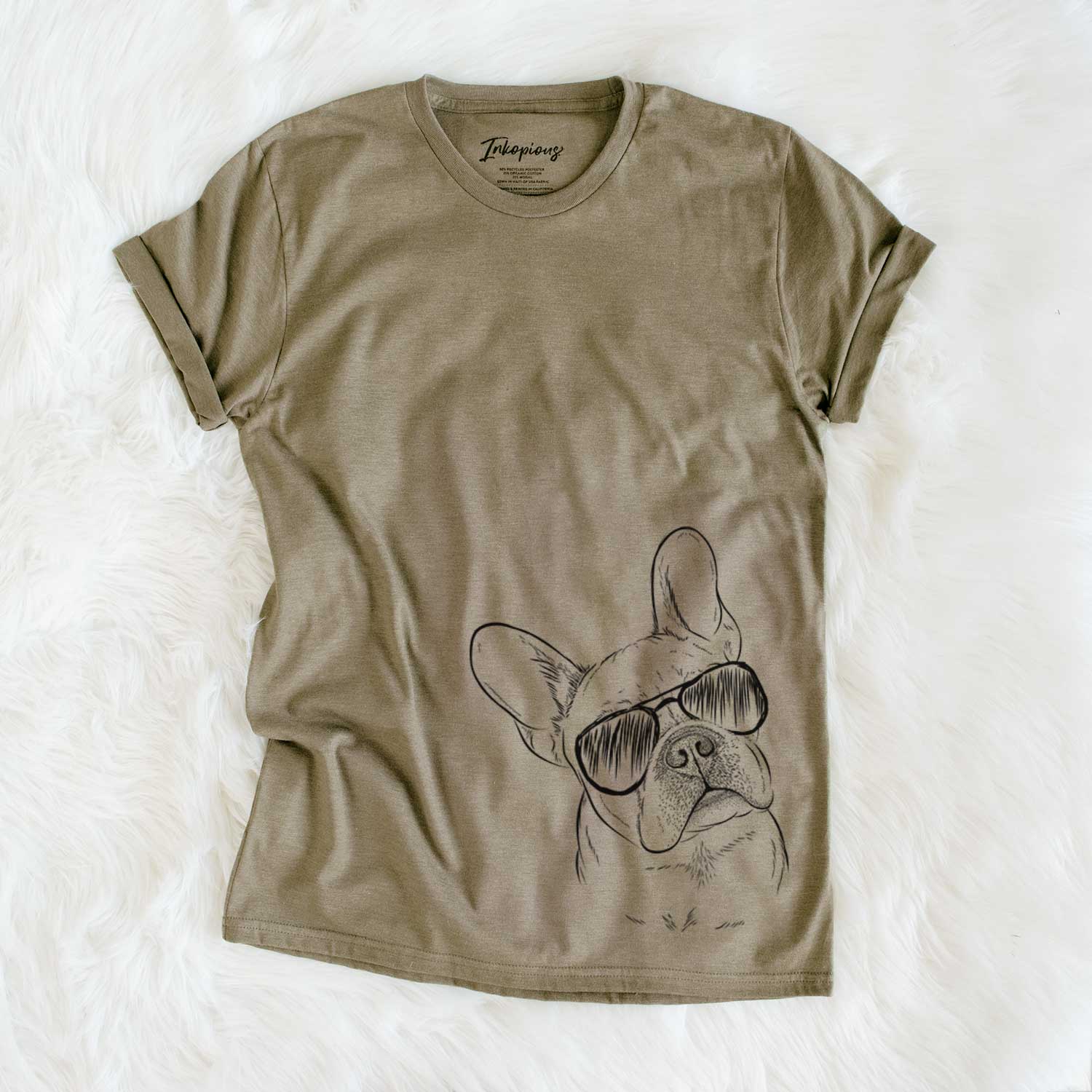 Hand-drawn sketch of Loki the French Bulldog wearing aviator sunglasses on an Olive Unisex crewneck