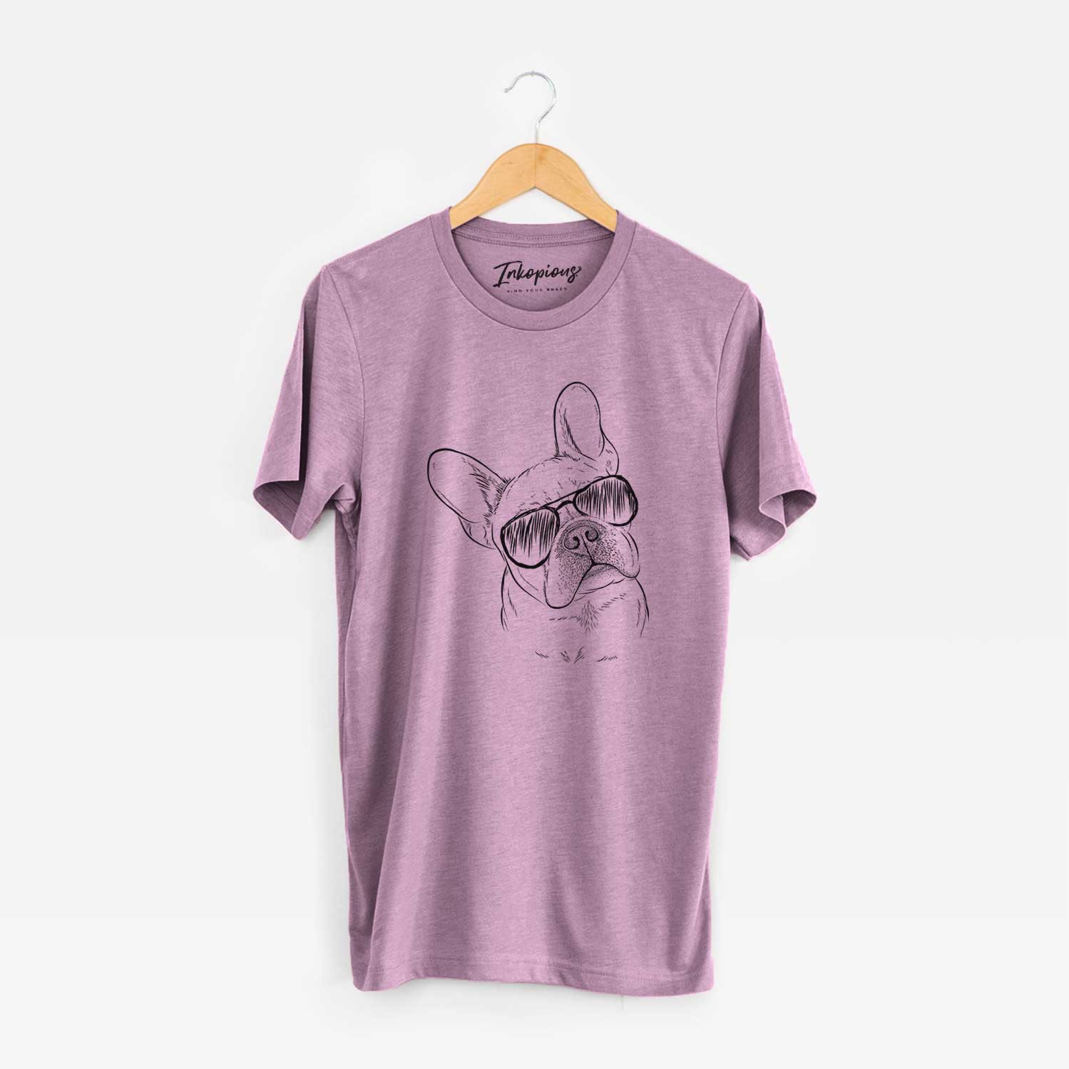 Hand-drawn sketch of Loki the French Bulldog wearing aviator sunglasses on an Orchid Unisex crewneck