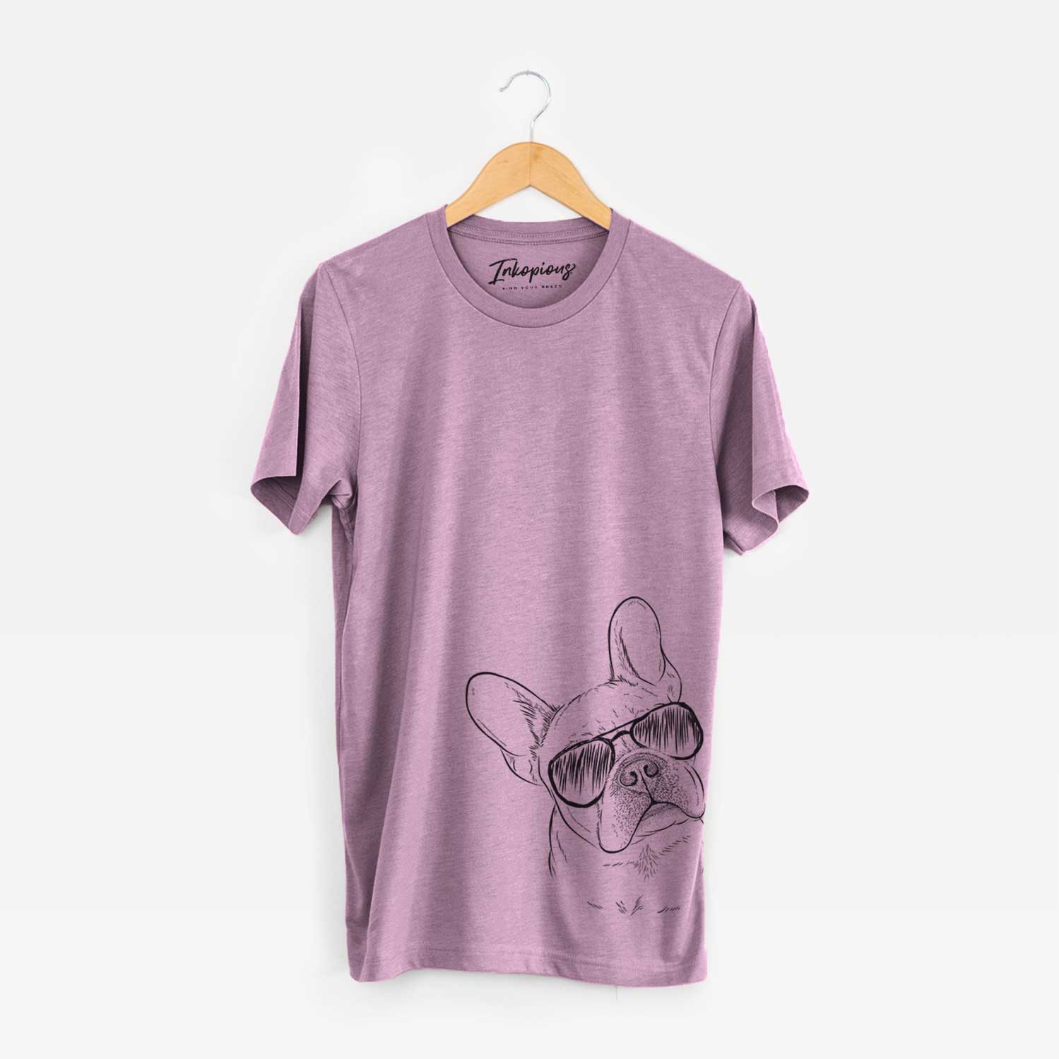 Hand-drawn sketch of Loki the French Bulldog wearing aviator sunglasses on an Orchid Unisex crewneck