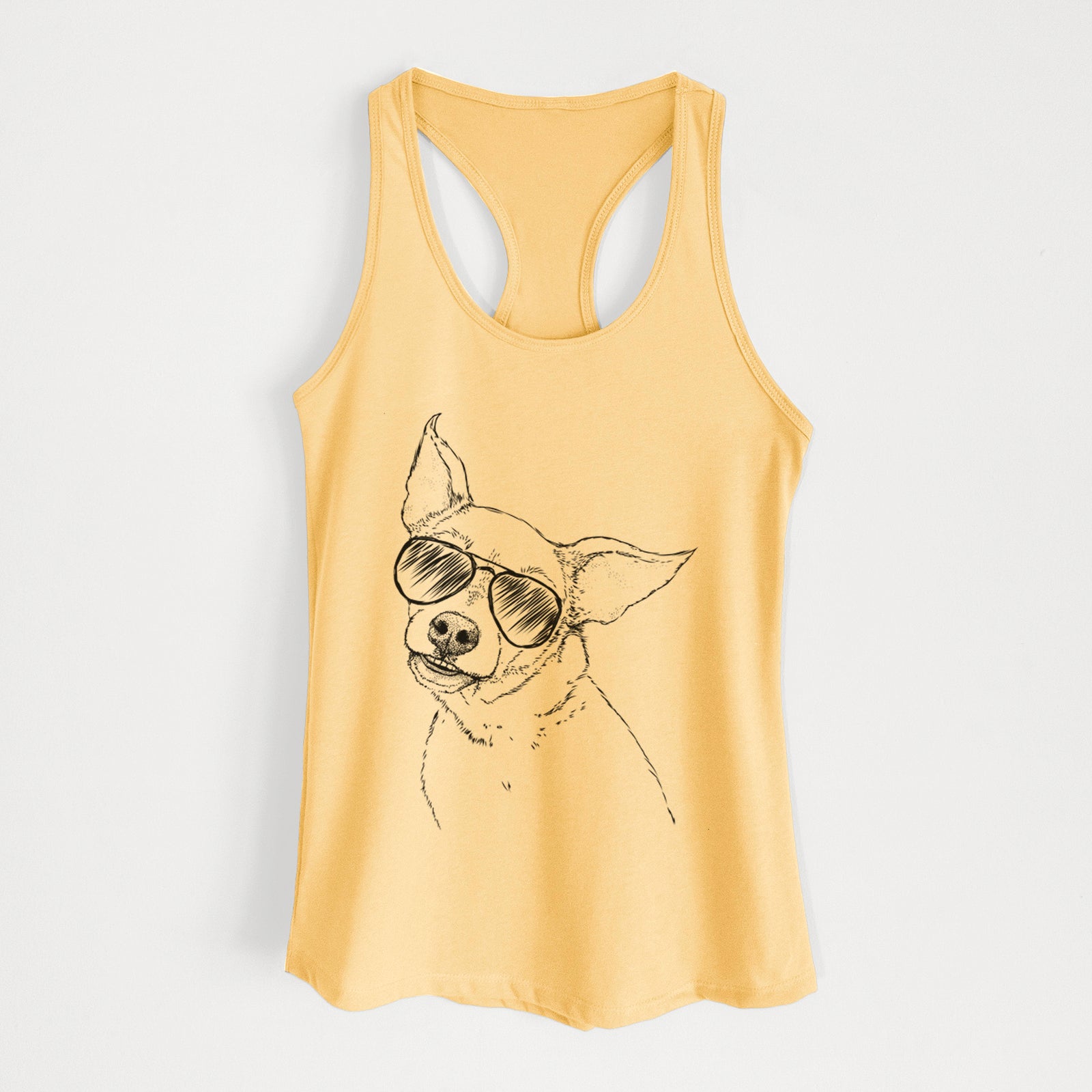 Hand-drawn sketch of Lola the Chiweenie wearing aviator sunglasses on a Banana Cream Women's racerback tanktop