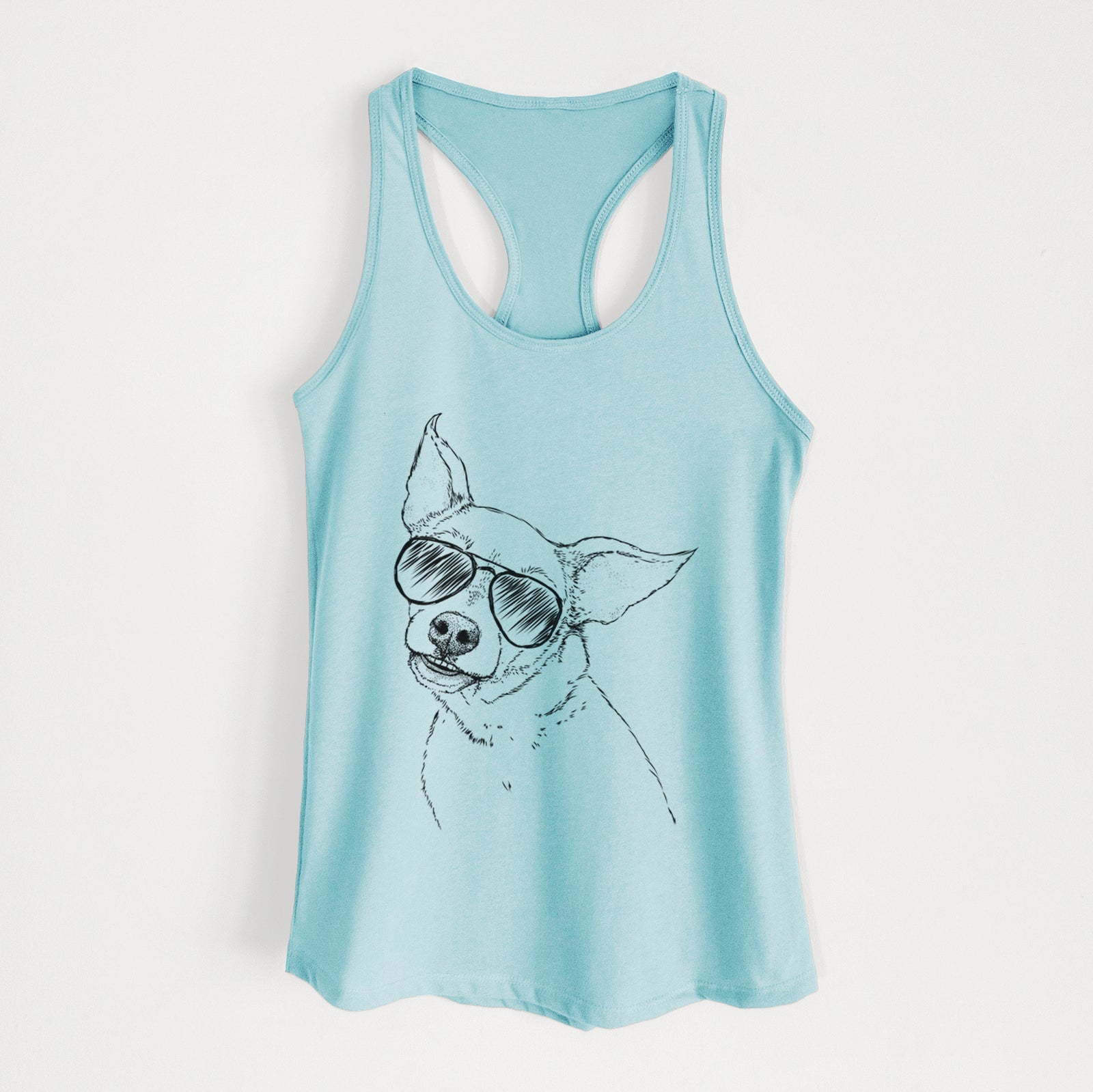 Hand-drawn sketch of Lola the Chiweenie wearing aviator sunglasses on a Cancun Blue Women's racerback tanktop