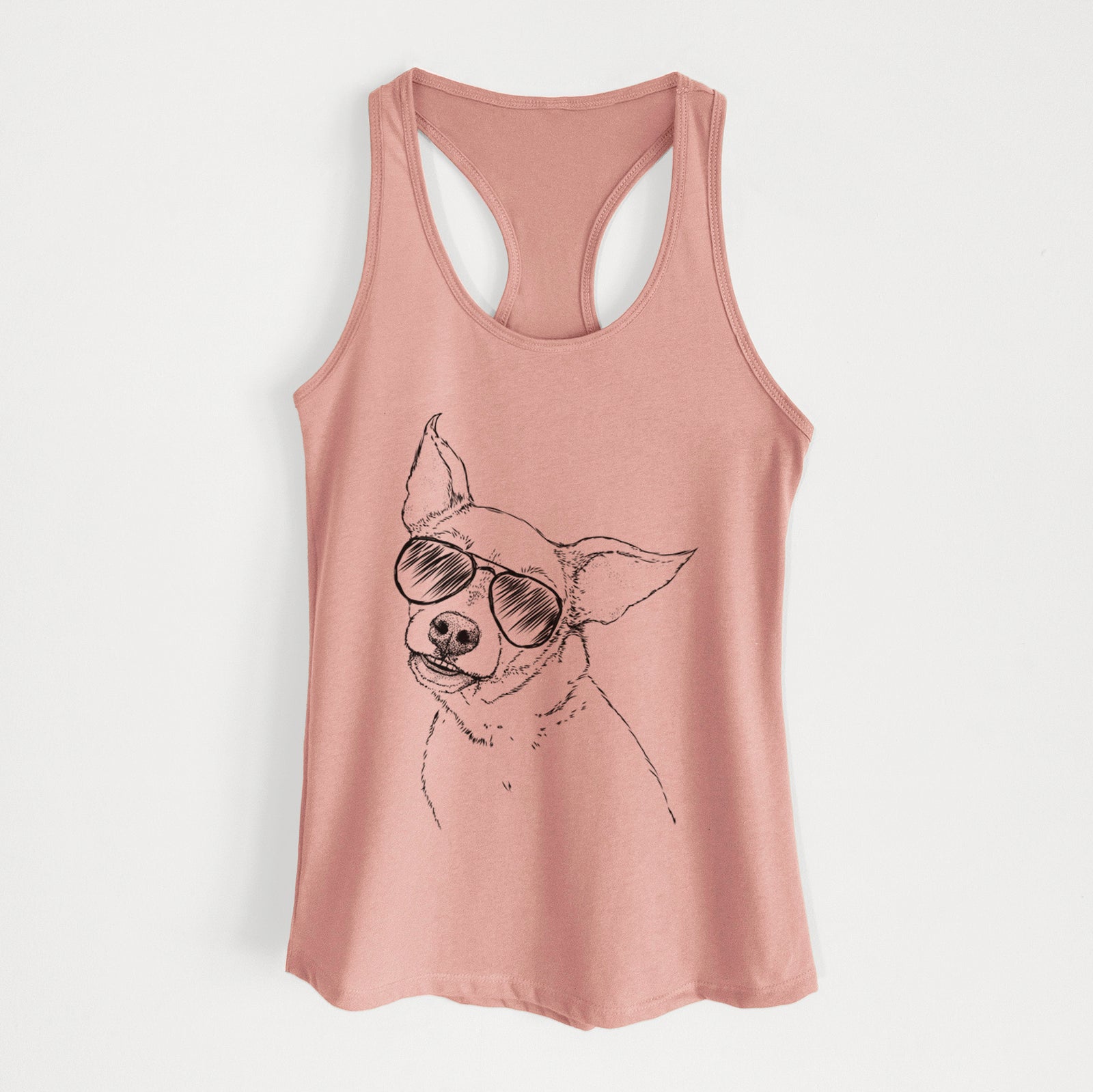 Hand-drawn sketch of Lola the Chiweenie wearing aviator sunglasses on a Desert Pink Women's racerback tanktop