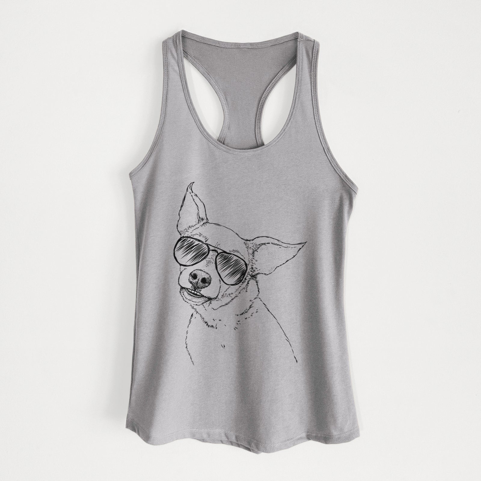 Hand-drawn sketch of Lola the Chiweenie wearing aviator sunglasses on a Heather Grey Women's racerback tanktop