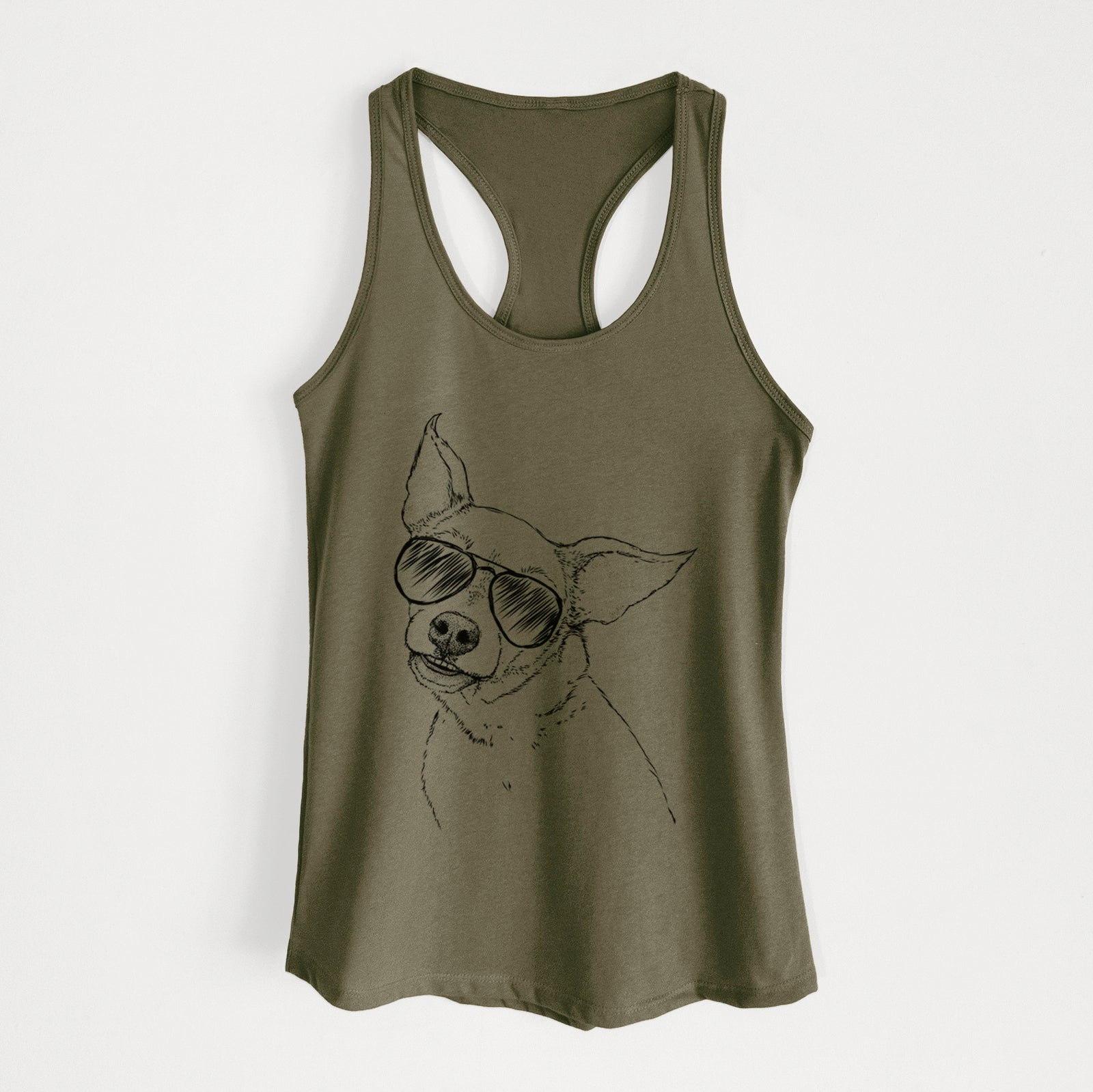 Hand-drawn sketch of Lola the Chiweenie wearing aviator sunglasses on a Military Green Women's racerback tanktop