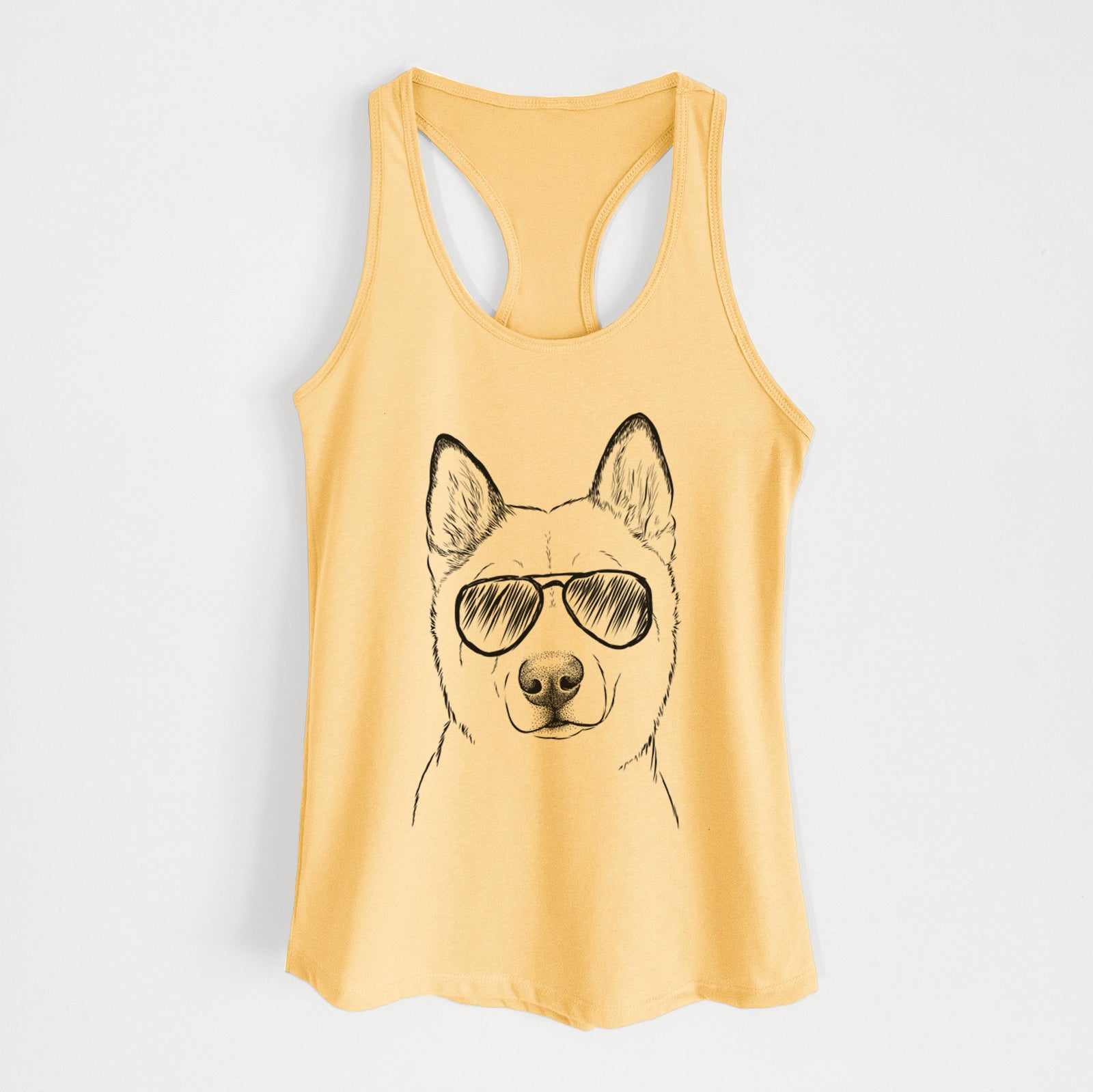 Hand-drawn sketch of London the Siberian Husky wearing aviator sunglasses on a Banana Cream Women's racerback tanktop