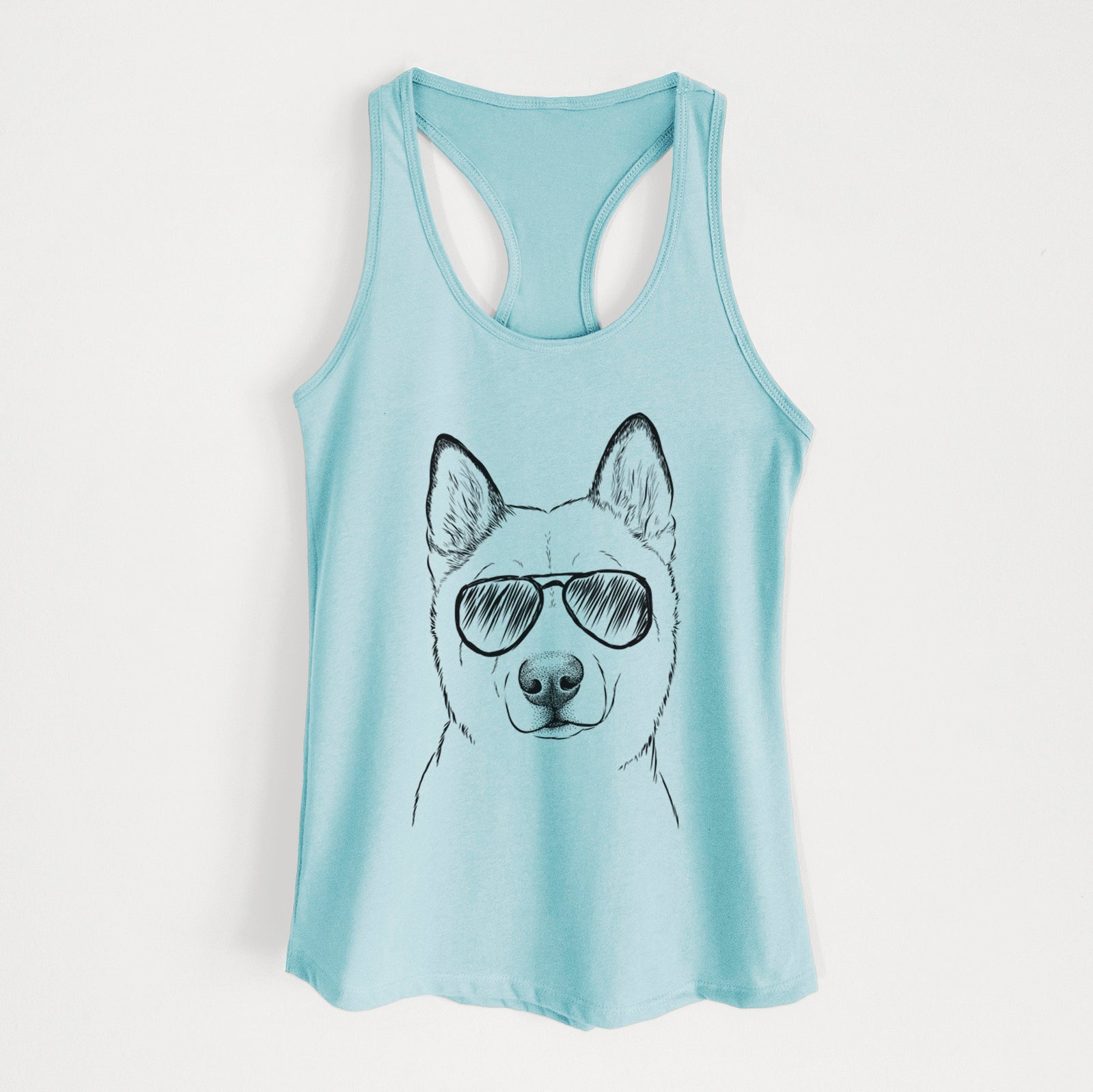 Hand-drawn sketch of London the Siberian Husky wearing aviator sunglasses on a Cancun Blue Women's racerback tanktop