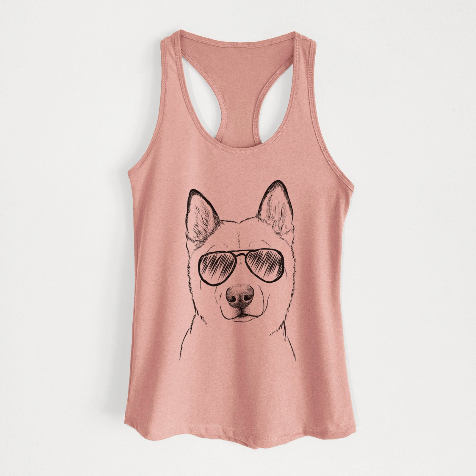 Hand-drawn sketch of London the Siberian Husky wearing aviator sunglasses on a Desert Pink Women's racerback tanktop